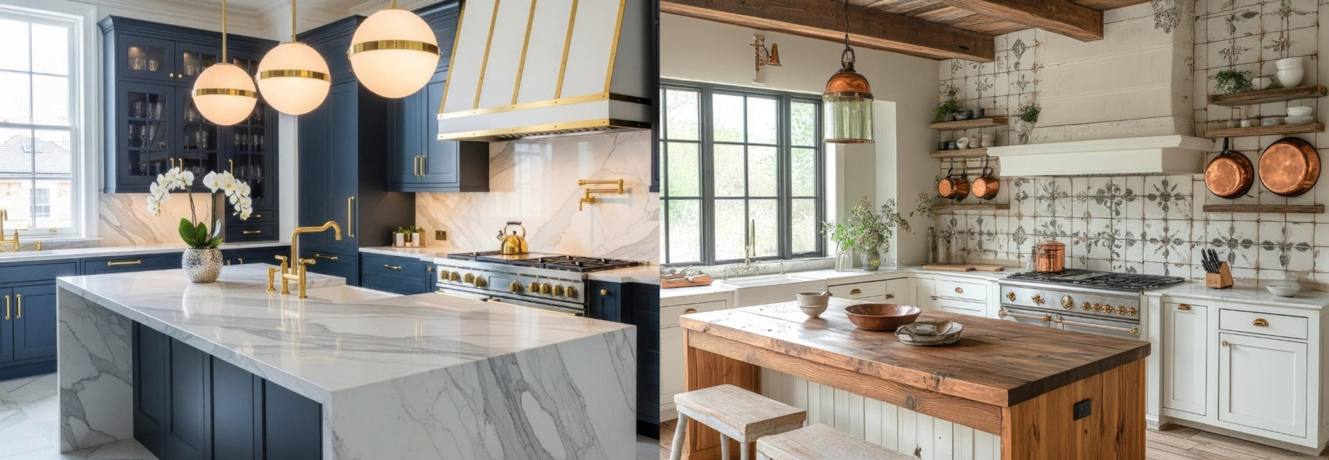 Kitchen Design Ideas with a Modern navy kitchen and a farmhouse white kitchen, both AI-generated with AI, side by side in natural light. AI-generated with DecorAI