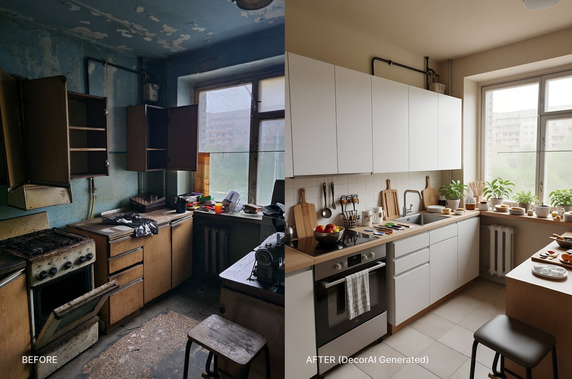 Before: A dated kitchen on the left. After: A stunning warm modern redesign on the right, generated with DecorAI's AI Kitchen design tool from the same photo.