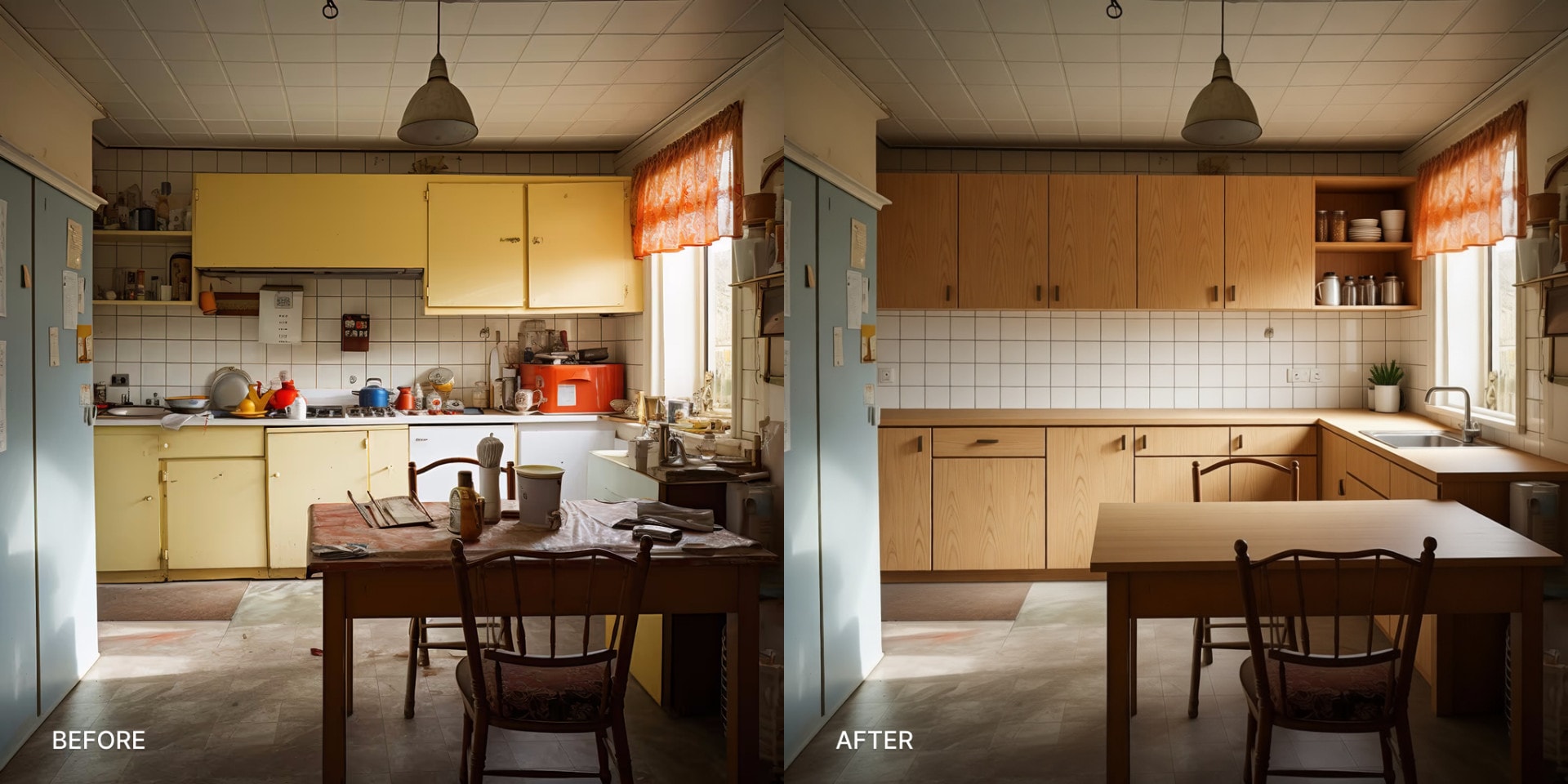 AI-generated: Before: dark, cluttered small kitchen with appliances on every counter and low upper cabinets. After: the same space with light oak flat-panel cabinets, cleared counters, and one section of open shelving as an accent