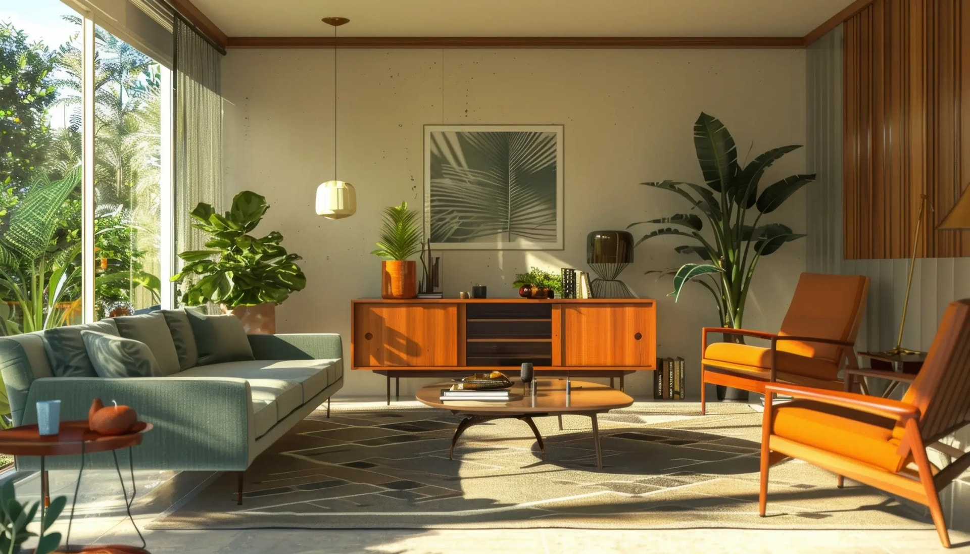 AI-generated Mid-Century Modern living room with teak credenza, orange armchair, and tropical plants