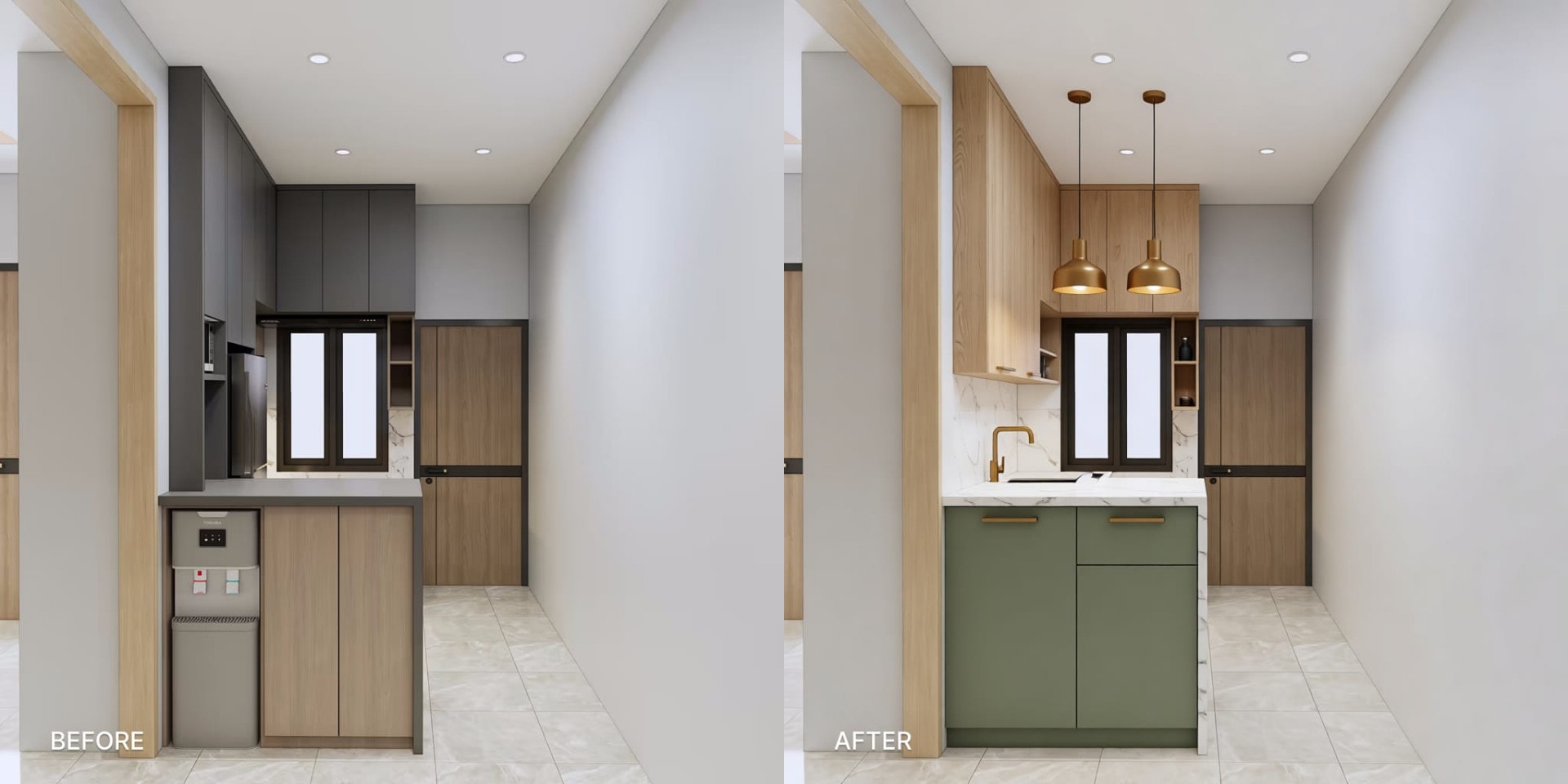 BEFORE: a small kitchen with plain dark cabinets, flat overhead lighting AFTER: the same kitchen in a warm modern direction: sage lower cabinets, natural oak uppers, quartz countertop, brushed brass hardware, and warm pendant lighting over the counter. AI-generated with DecorAI.