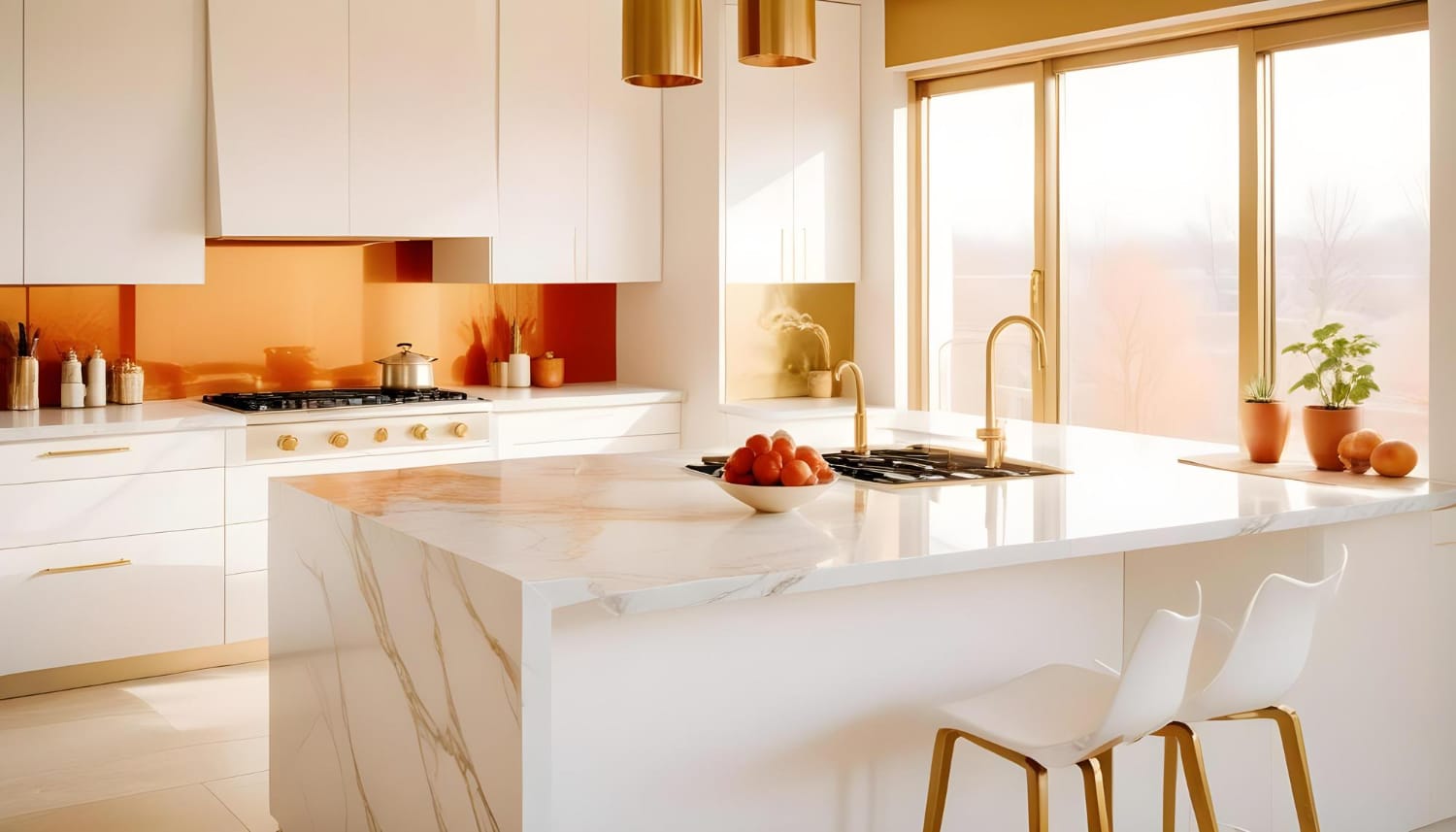 AI-generated warm modern kitchen with flat-panel off-white cabinets, a stone island, quartz countertops, integrated appliances, brushed brass hardware