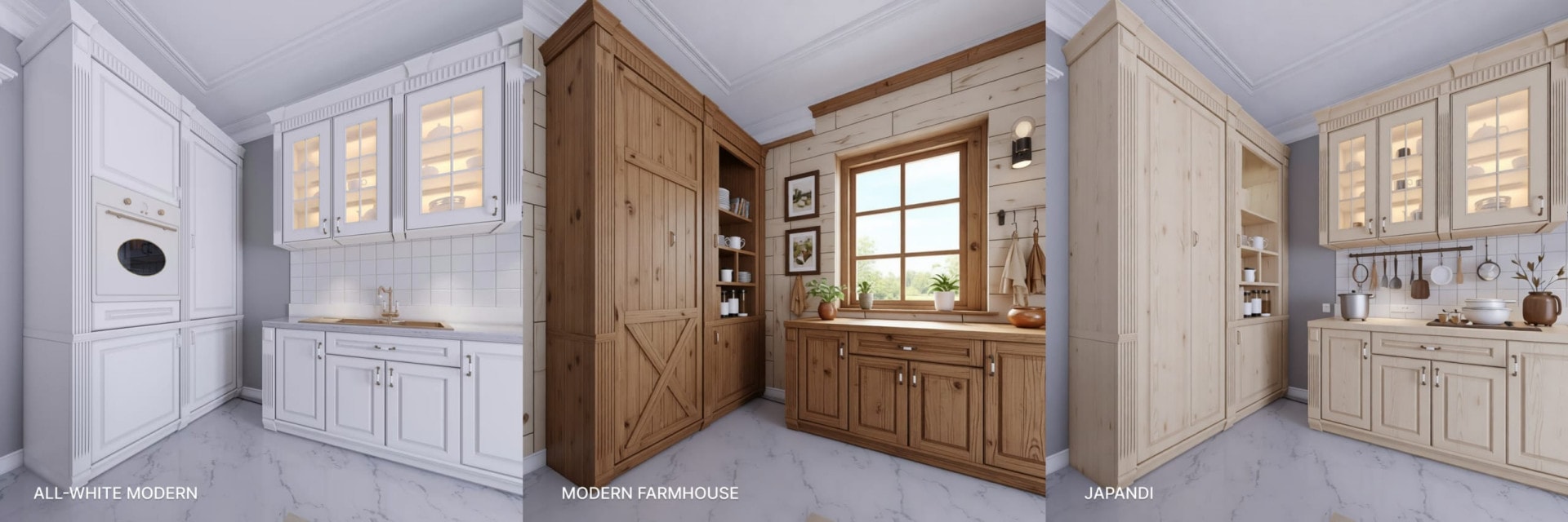 3 panels showing the same small kitchen redesigned in three different directions side by side: white modern (left), modern farmhouse (center), Japandi (right). All AI-generated with DecorAI.