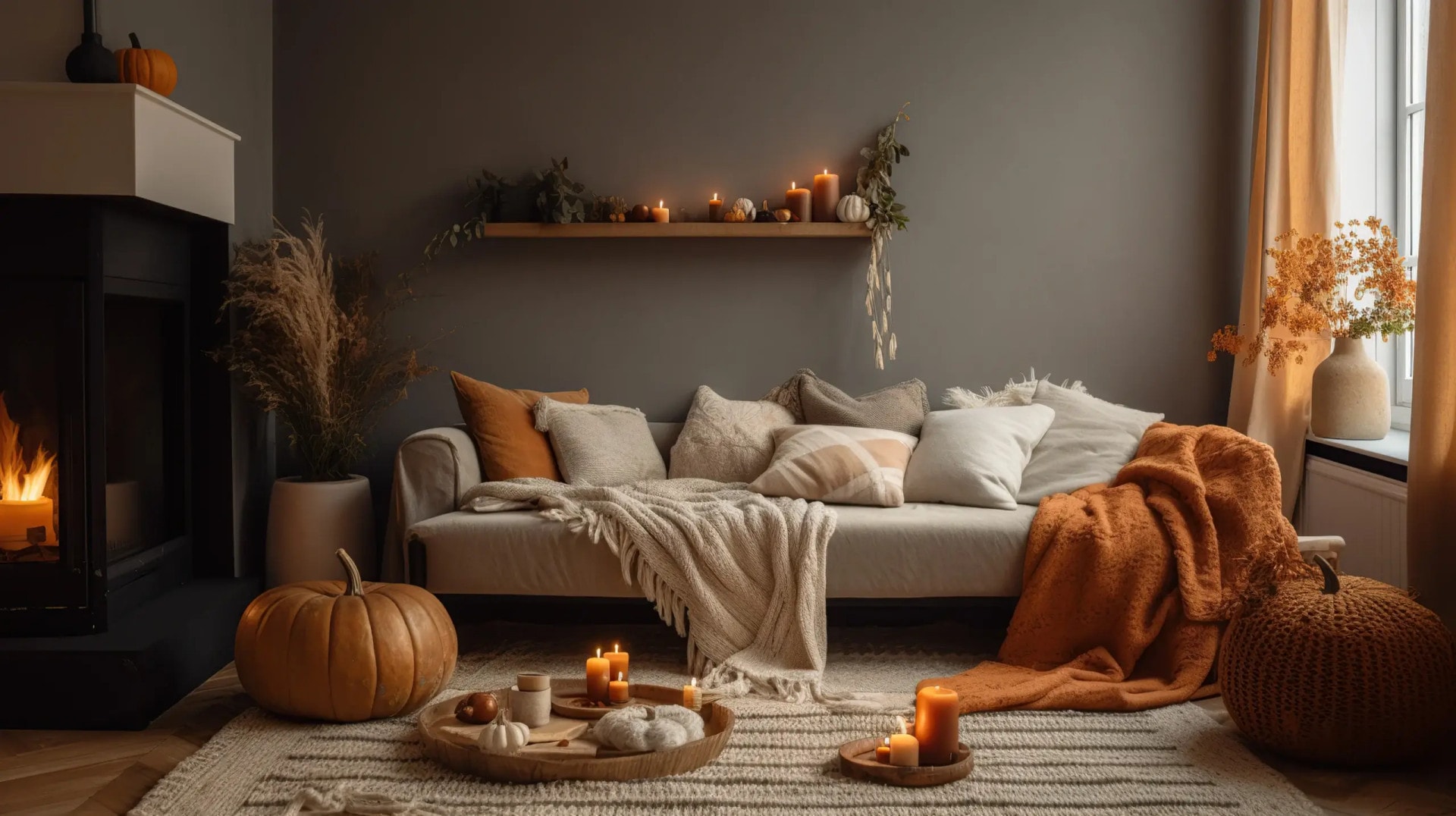 AI-generated Hygge living room with cream sofa, layered throws, candles, and a cosy fireplace