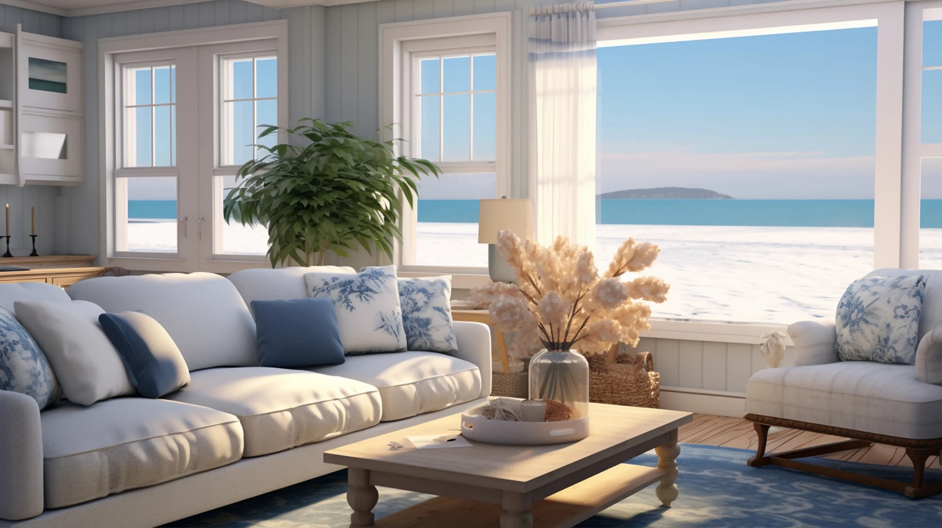 AI-generated Coastal living room with light blue sofa, toile cushions, and panoramic ocean view