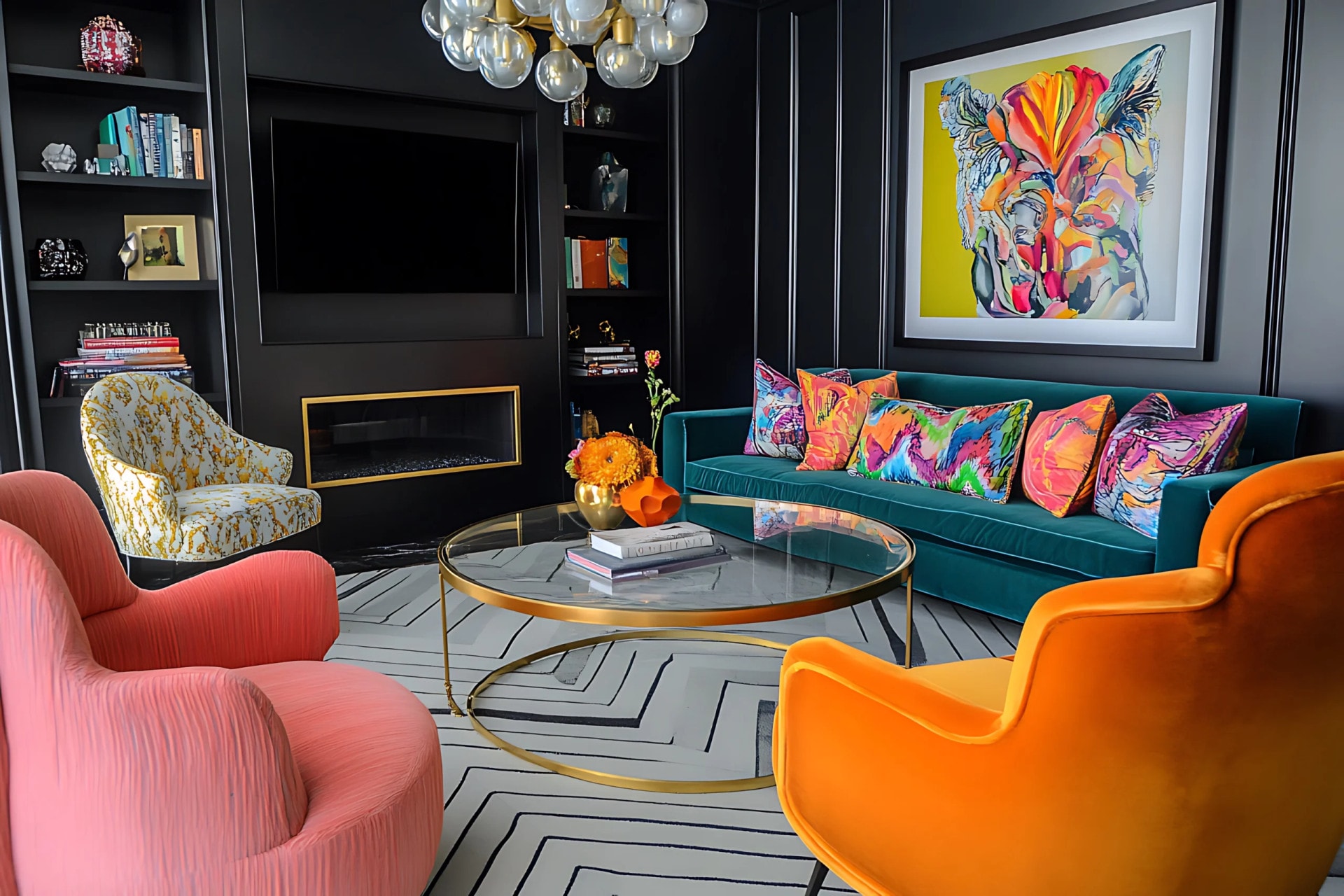 AI-generated Maximalist living room with teal velvet sofa, bold colourful armchairs, and dramatic black walls