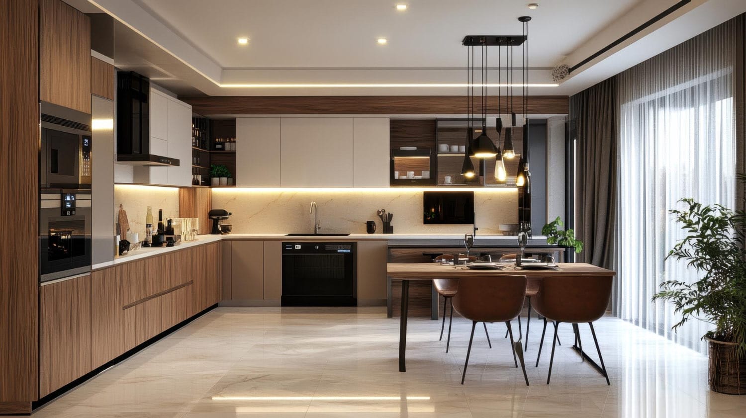 AI-generated stylish contemporary kitchen design idea with wooden accents modern appliances serene setting