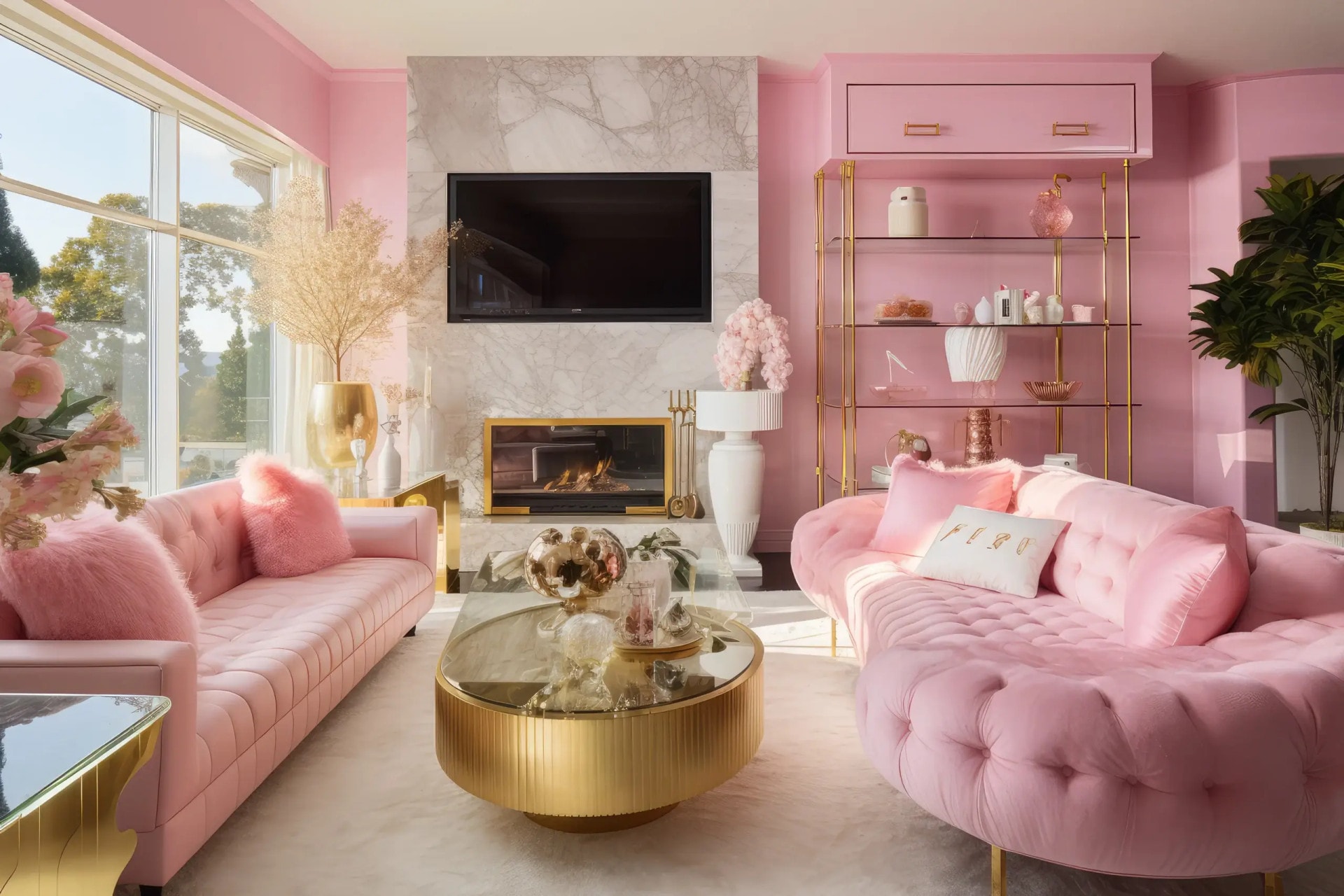 AI-generated Glam living room with pink velvet sofas, gold coffee table, and marble fireplace