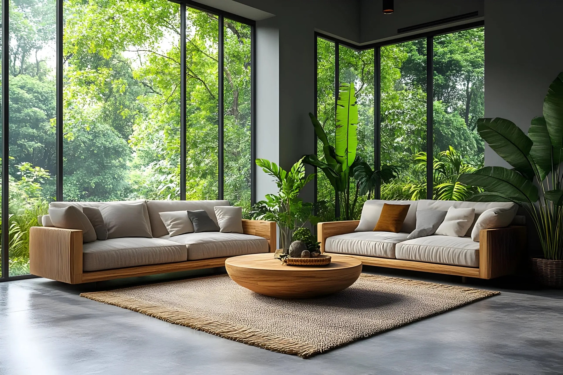 AI-generated Biophilic living room with wood-frame sofas, oval wood coffee table, and floor-to-ceiling forest views