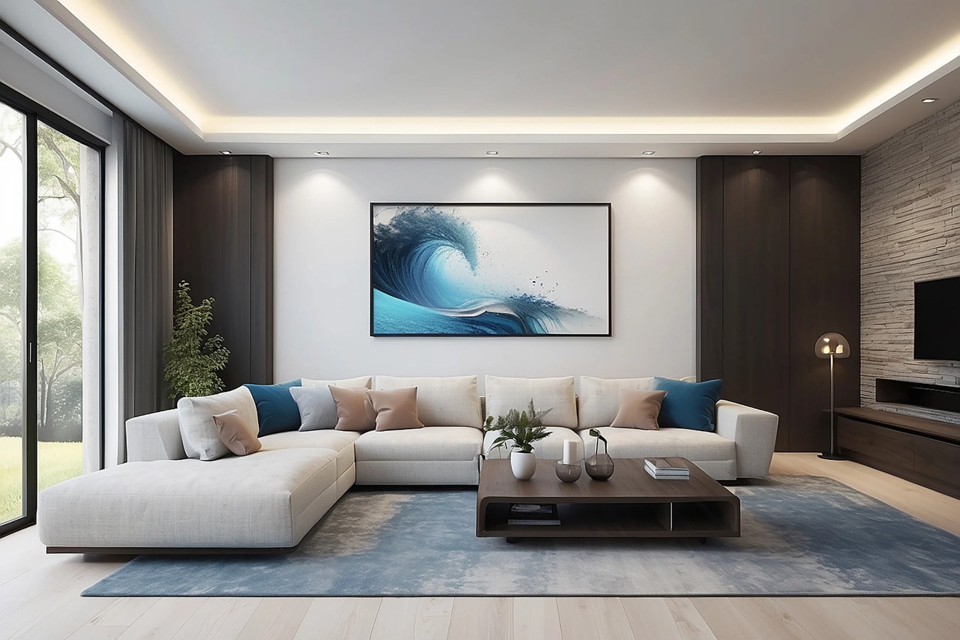 AI-generated Modern living room with cream sectional sofa, dark wood coffee table, and ocean wave wall art