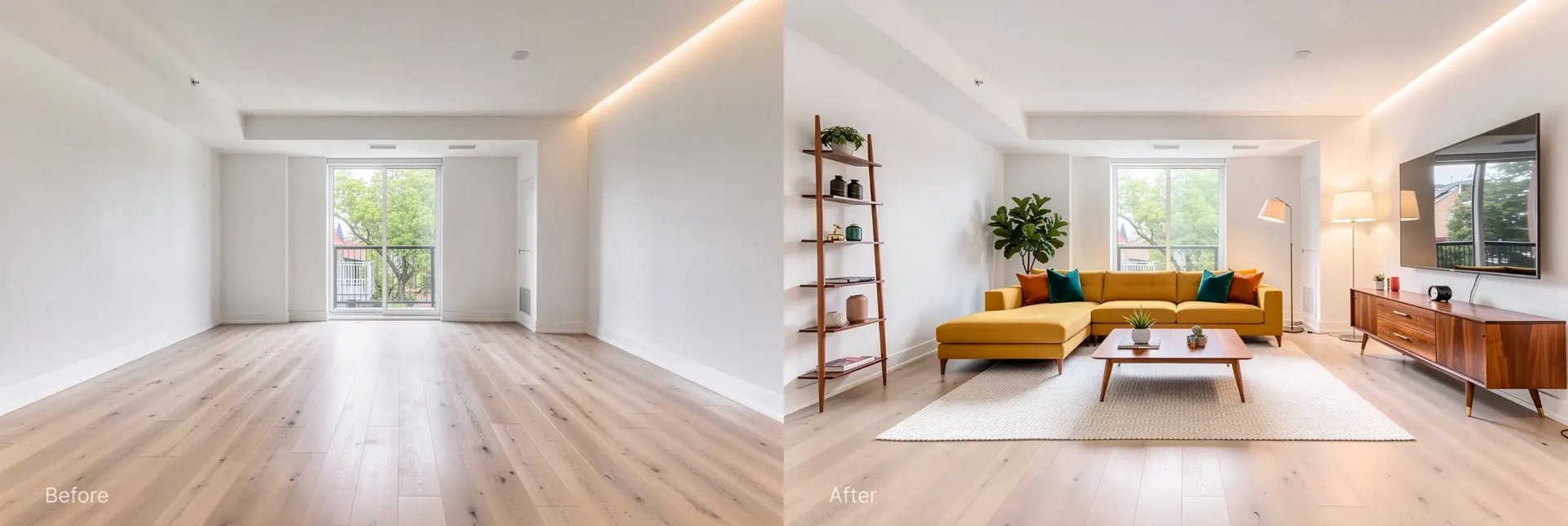 Before and after AI living room redesign transforming an empty white room into a furnished Mid-Century Modern space with a yellow sectional sofa