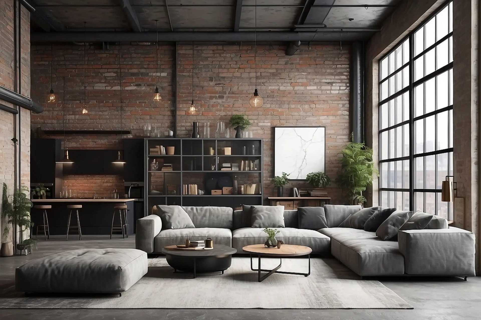 AI-generated Industrial living room with grey modular sofa, exposed brick walls, and Edison pendant lighting
