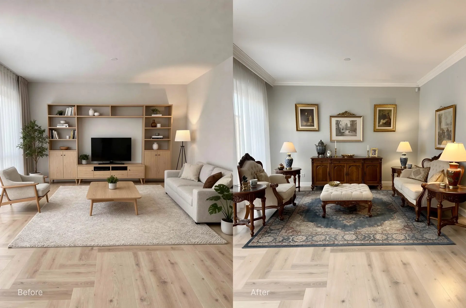 Before and after AI living room redesign transforming a Scandinavian style room into a Traditional classic Interior with dark wood furniture an ornate rug