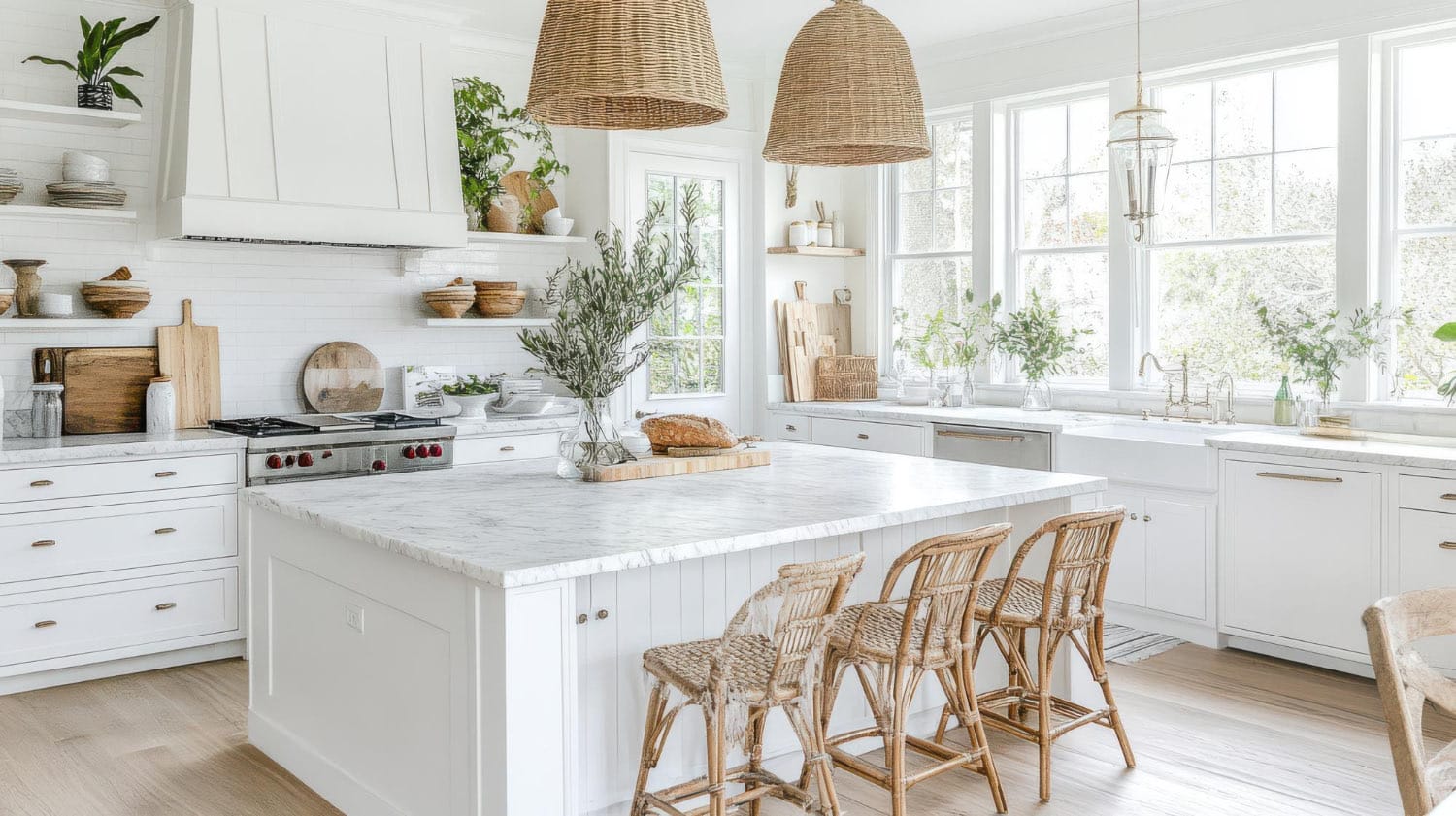 AI-generated: Kitchen with white Shaker cabinets, quartz countertops, a quartz-top island with seating 