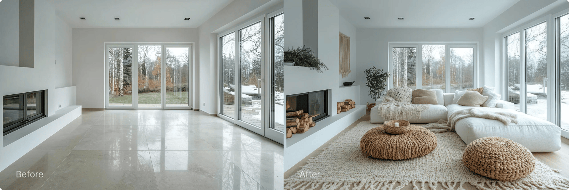 Empty space to Scandinavian living room with sofas, rugs, cuishons, fireplace, plants, windows