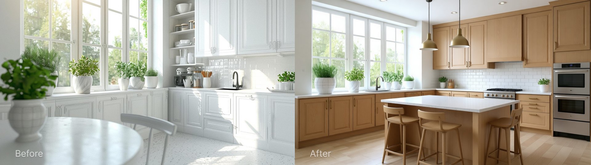 A before and after showing a plain white kitchen transformed into a Japandi-style kitchen with light oak cabinets and warm terracotta accents, AI-generated with DecorAI