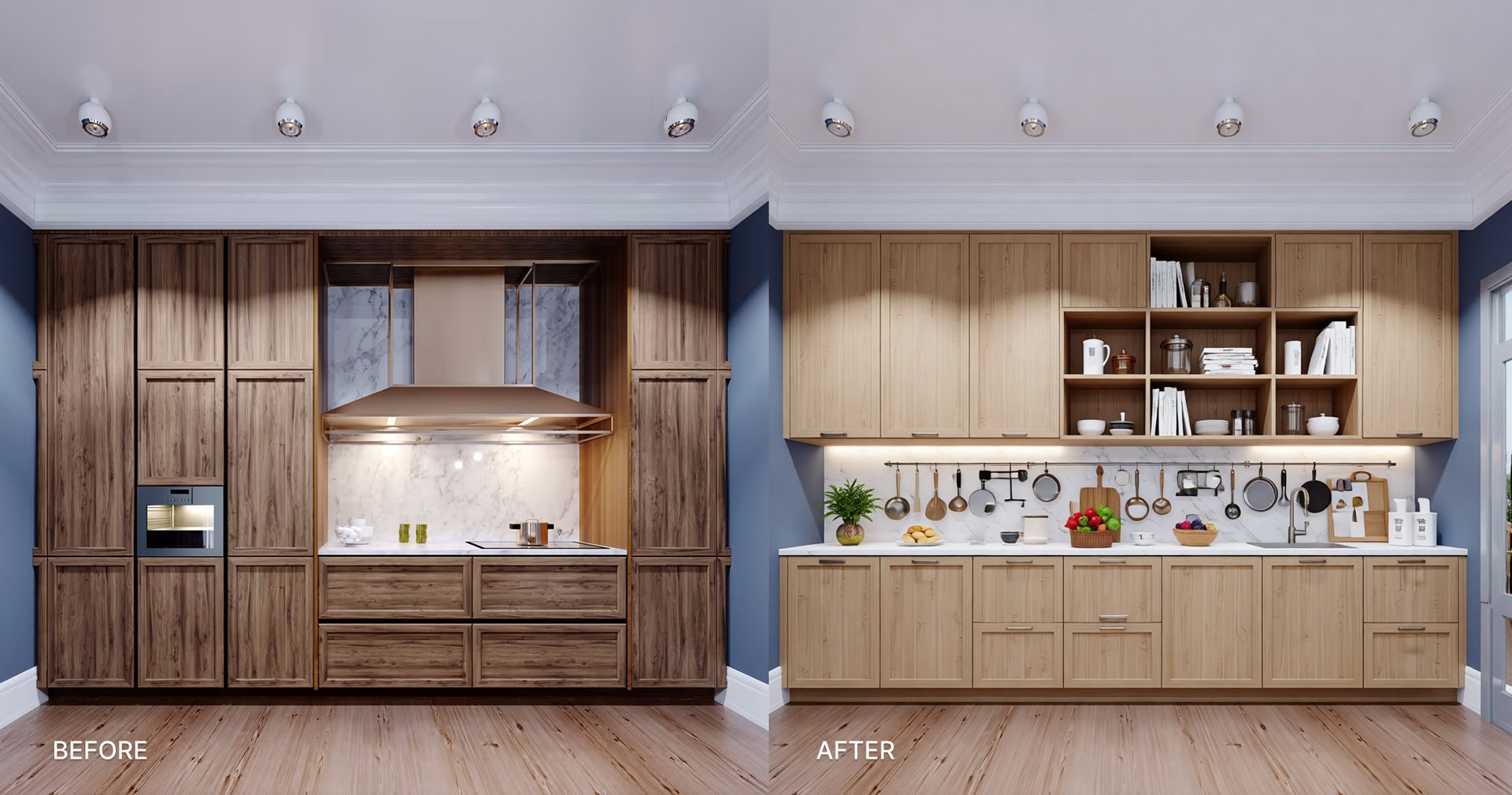 AI-generated: On the left: a small kitchen with dark cabinets and on the right: the same kitchen cabinets in light oak flat panel cabinets and a lighter counter top space