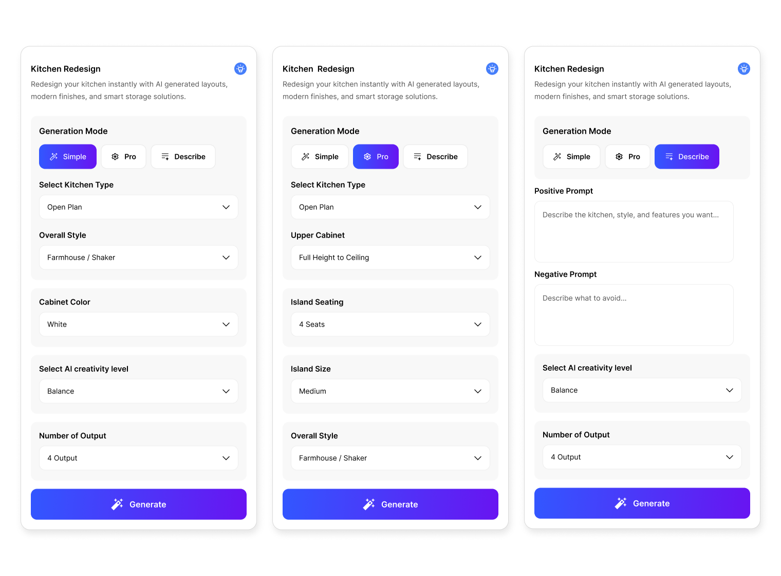 3 side by side UI screenshot showing Simple, Pro, and Describe modes and their attributes.