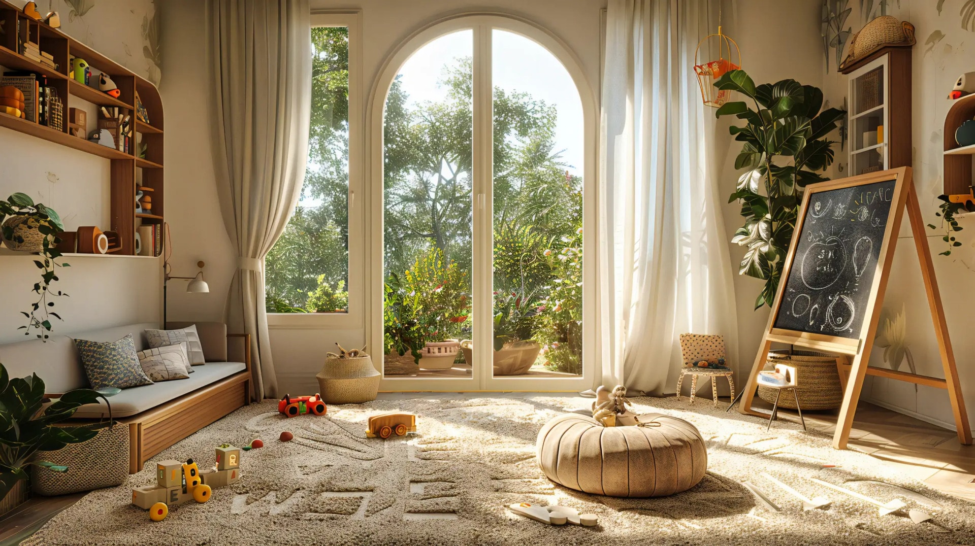AI-generated kids playroom with wooden shelving, chalkboard easel, letter rug, and arched garden window