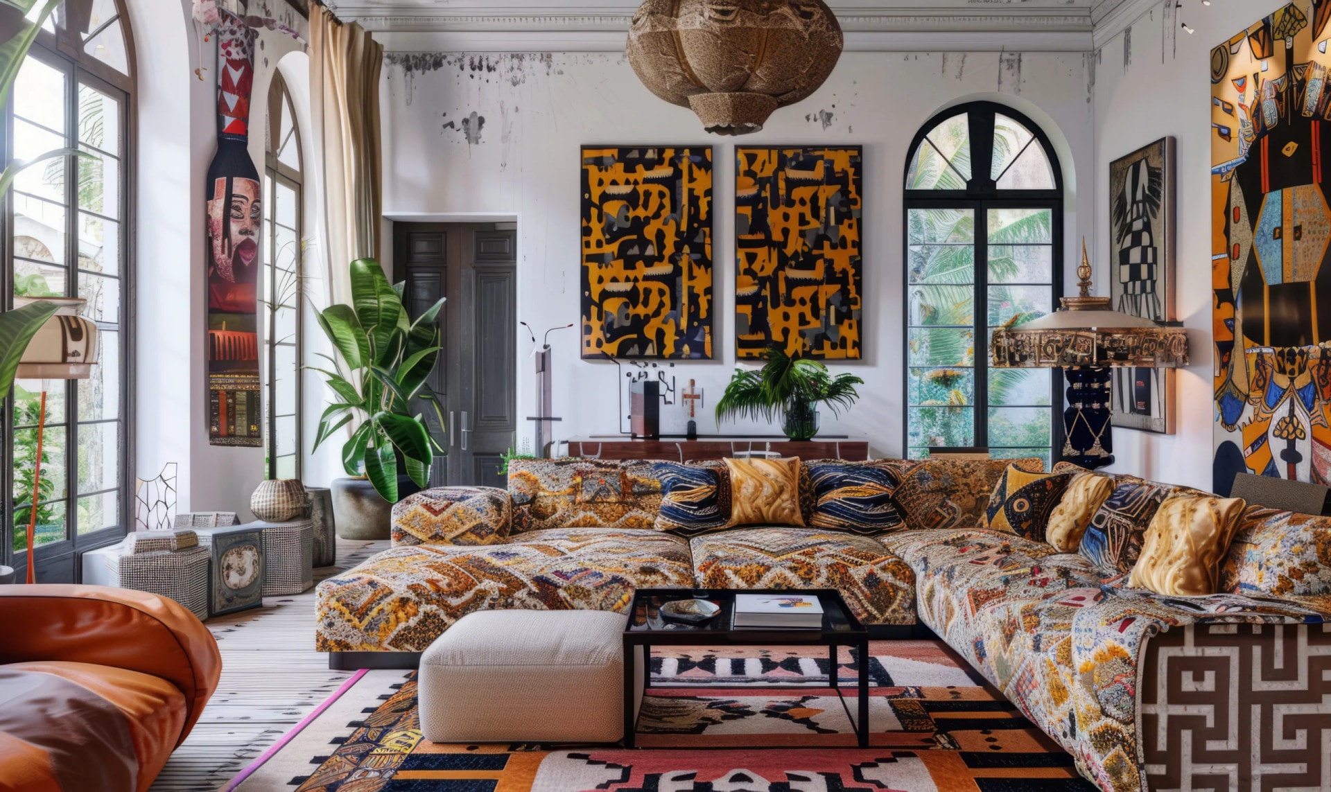AI-generated Eclectic living room with bold patterned sectional sofa, global art collection, and arched windows