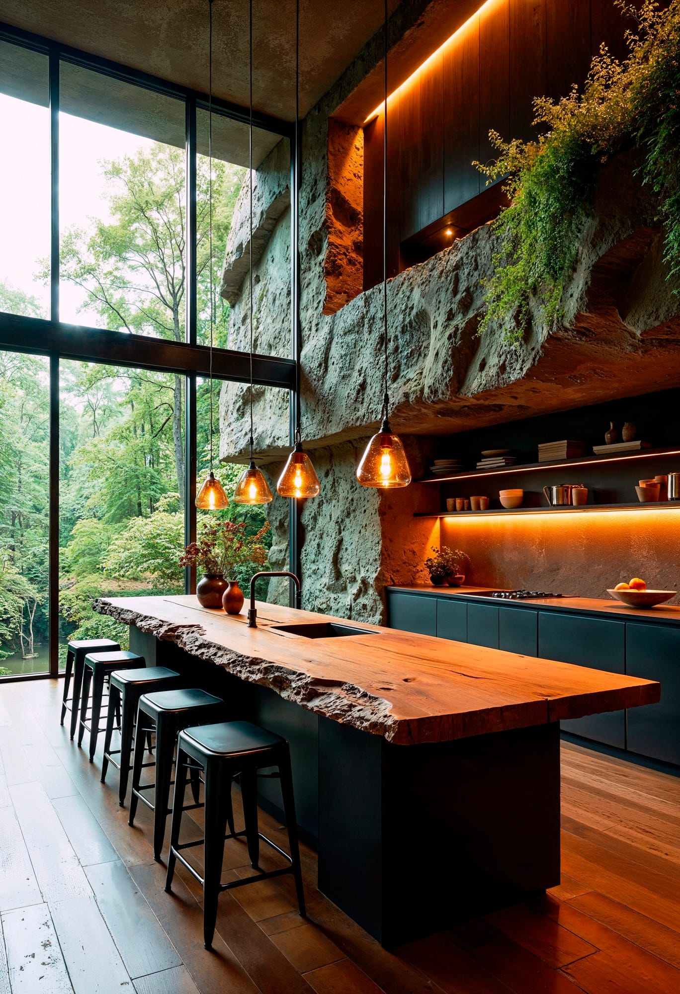 Modern family outdoor kitchen with live-edge wood island, bar seating, stone wall design, and large glass windows overlooking greenery