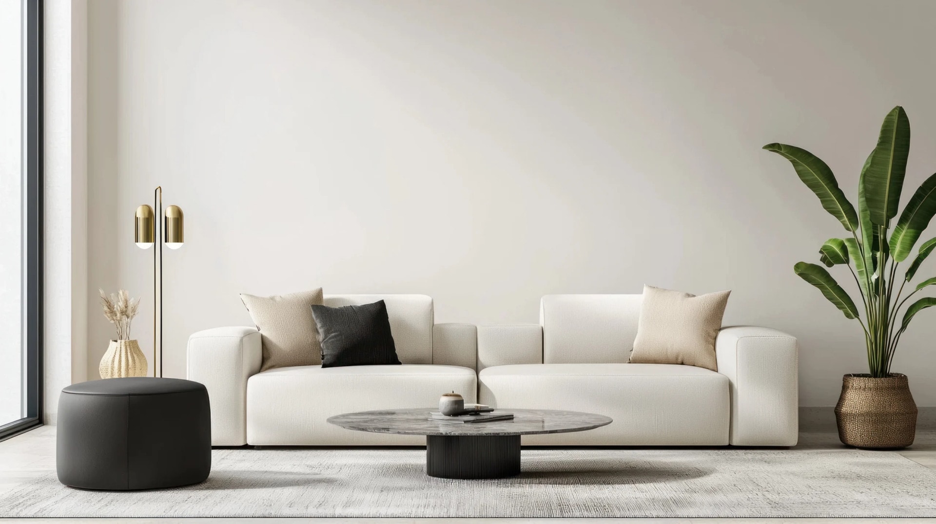 AI-generated Quiet Luxury living room with cream sofa, black marble coffee table, and gold floor lamp