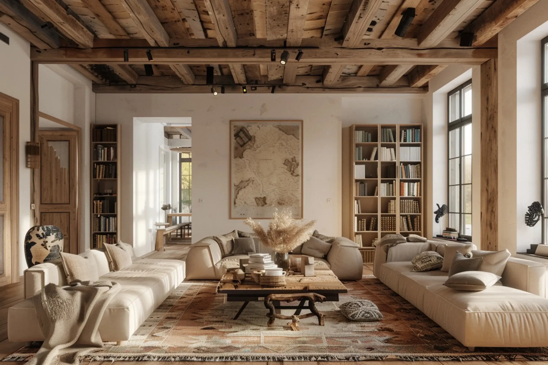 AI-generated Rustic living room with exposed wooden beam ceiling, cream sofas, antique coffee table, and floor-to-ceiling bookshelves