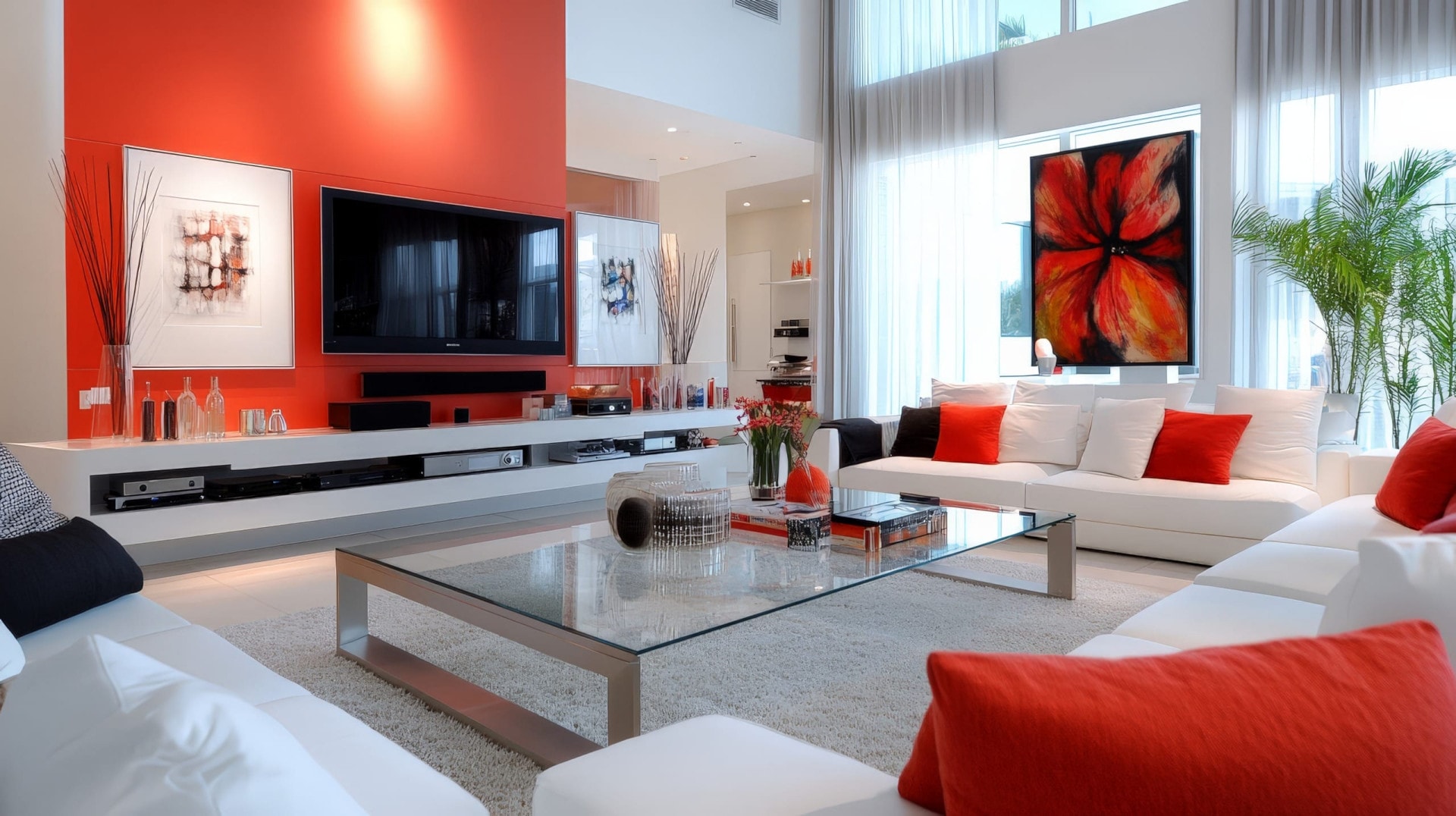 AI-generated Contemporary living room with white sofas, bold red accent wall, and glass coffee table