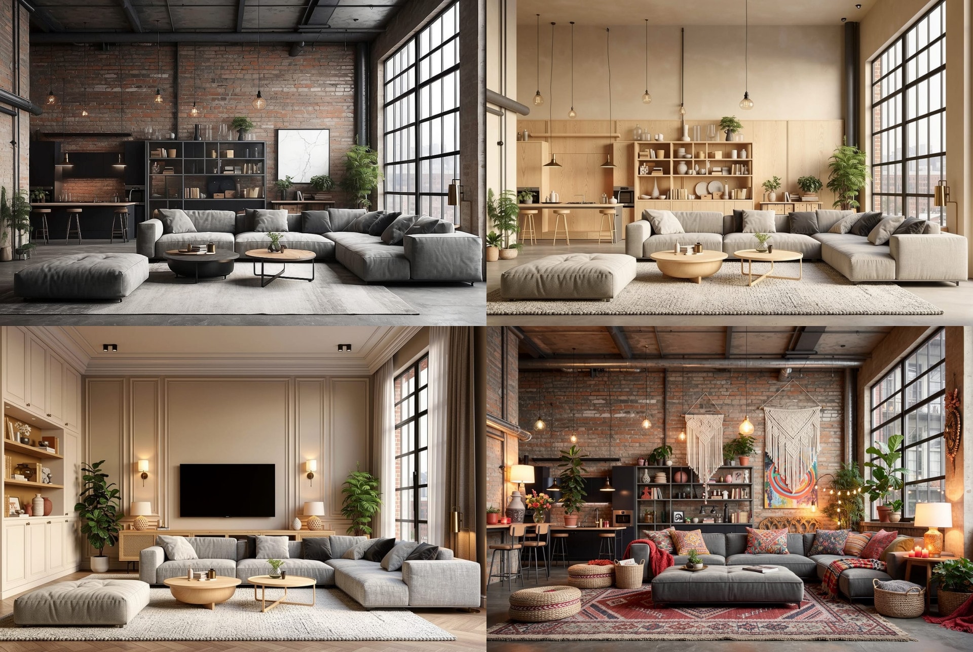 Four AI-generated living room redesigns of the same grey sectional sofa space shown in Industrial, Scandinavian, Contemporary, and Bohemian styles