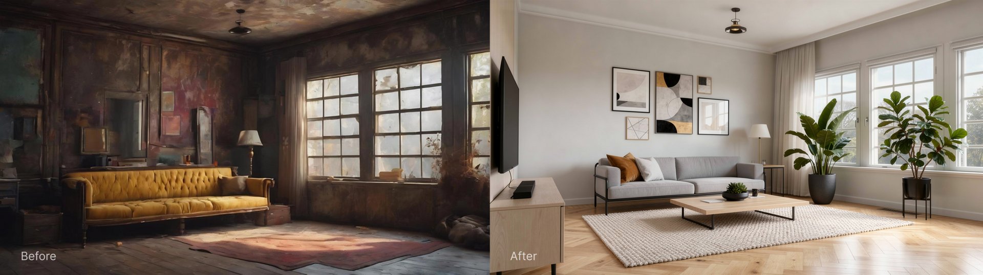 Before and after AI living room redesign transforming a dark run-down room into a bright Modern Minimalist space