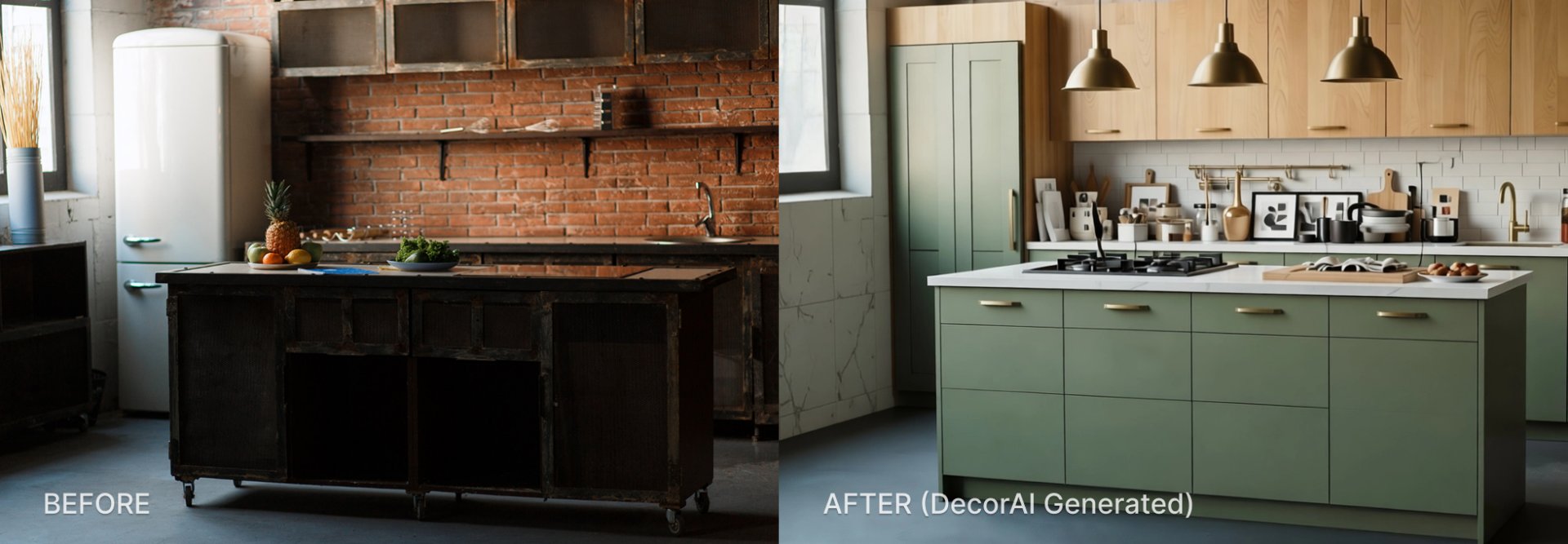 Before: An original kitchen photo showing a dated layout with old cabinets and worn surfaces. AFTER: the same kitchen redesigned flat-panel sage lower cabinets, natural oak uppers, white quartz countertop, brushed brass hardware, and pendant lighting. Generated with DecorAI