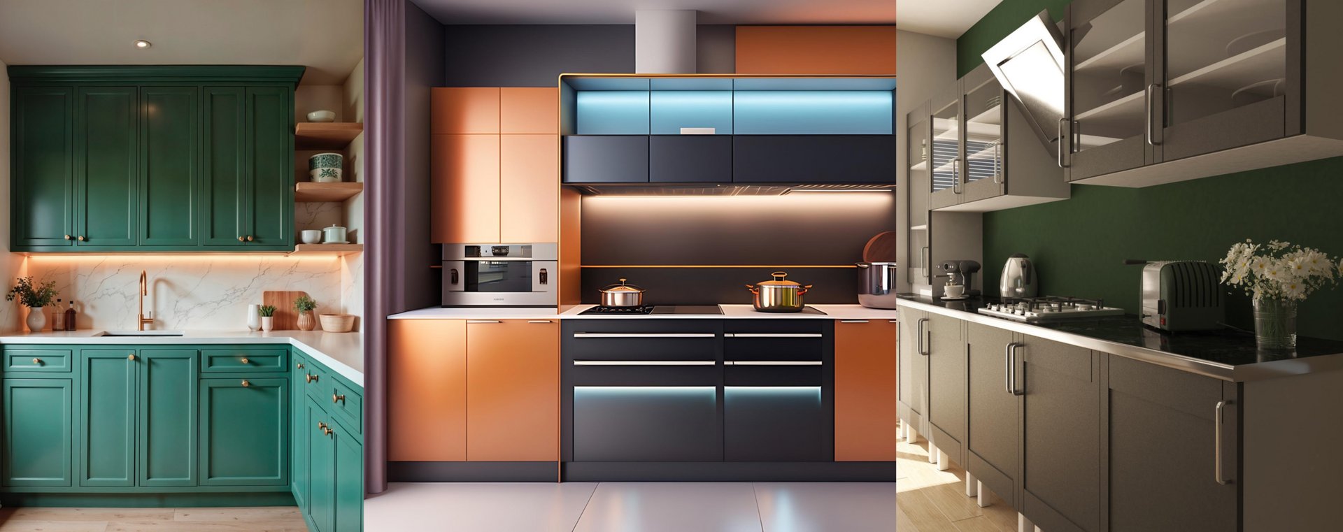 a close-up comparison of three cabinet profiles: Shaker, inset, and raised panel