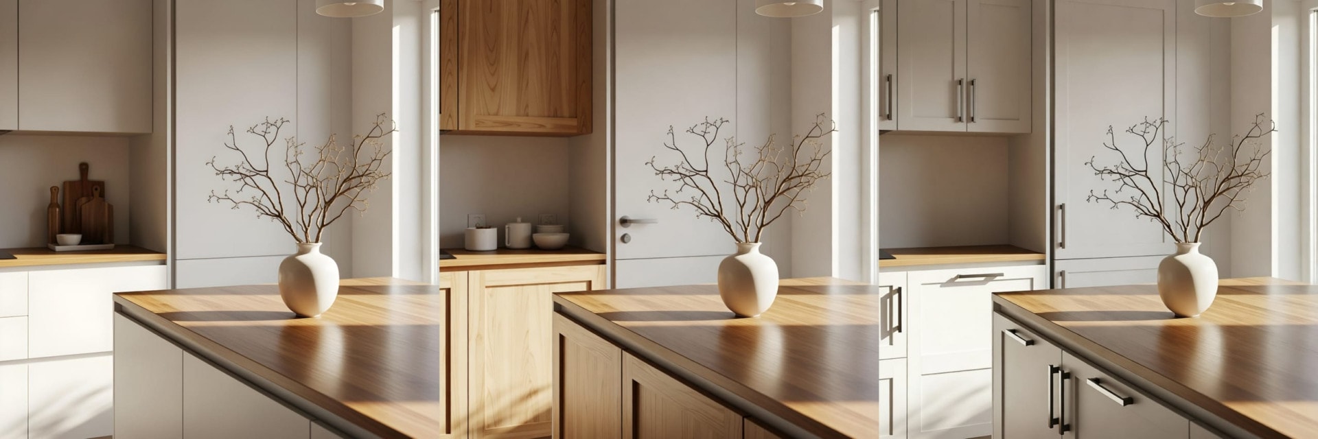 A close-up comparison of three cabinet profiles in the same neutral finish: Shaker, inset, and flat slab, photographed side by side to show the structural difference between each