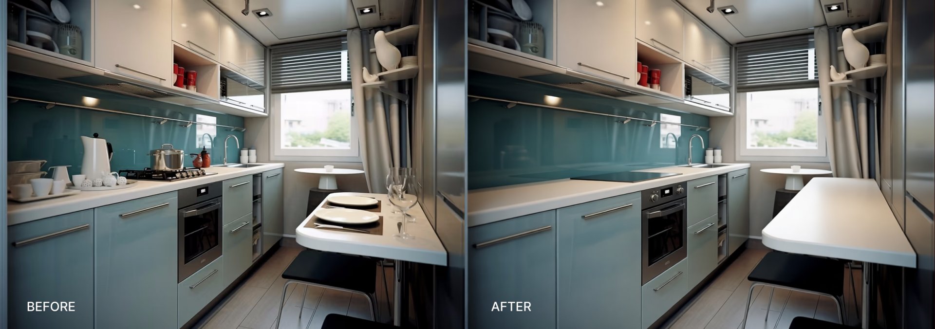 AI-generated: Before: kitchen with messy counters. After: same kitchen with clear counters