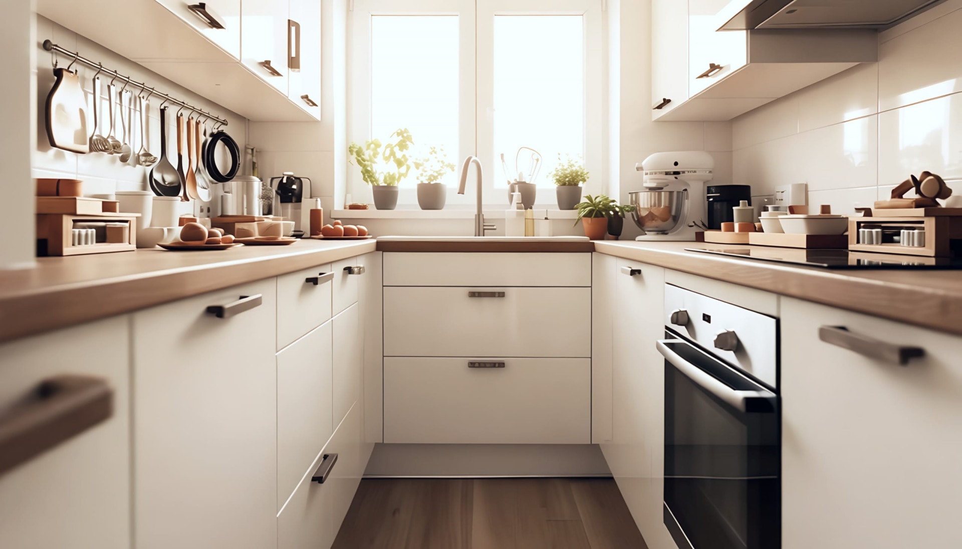 AI-generated: U shaped small kitchen with wood counter top and white counters, overhead cabinets, natural light entering through window