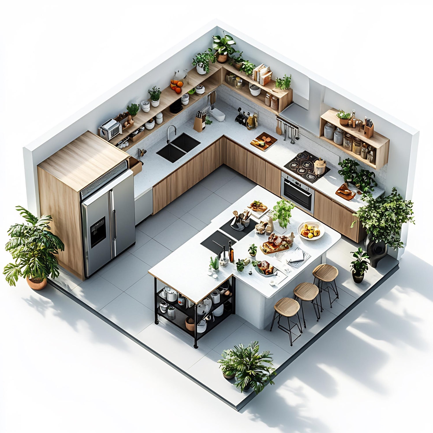 AI-generated: an overhead floor plan diagram showing an efficient kitchen work triangle with clear zones for prep, cooking, and cleaning, illustrated in a clean architectural style