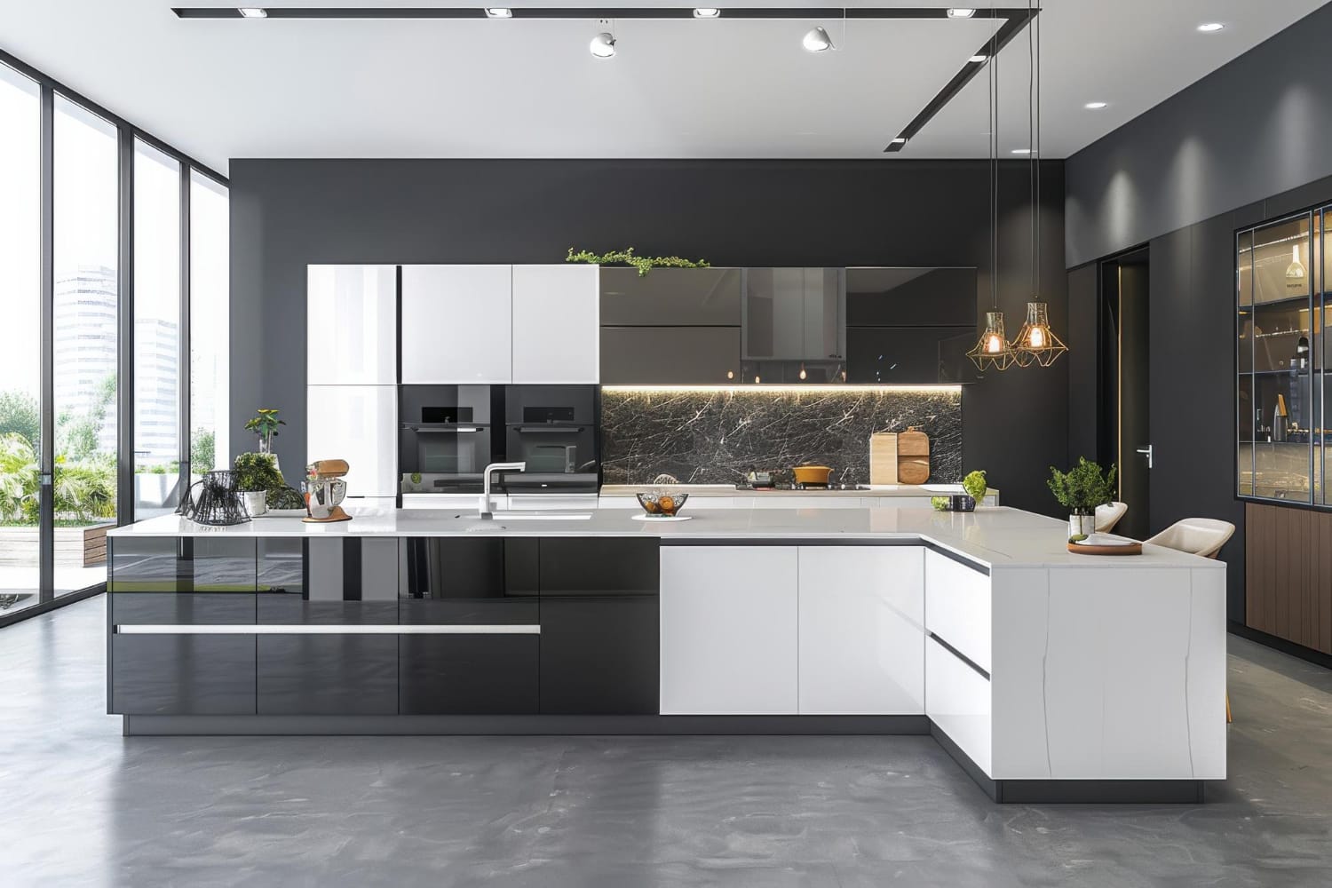 Modern kitchen with marble-top black and white cabinets, and integrated appliances