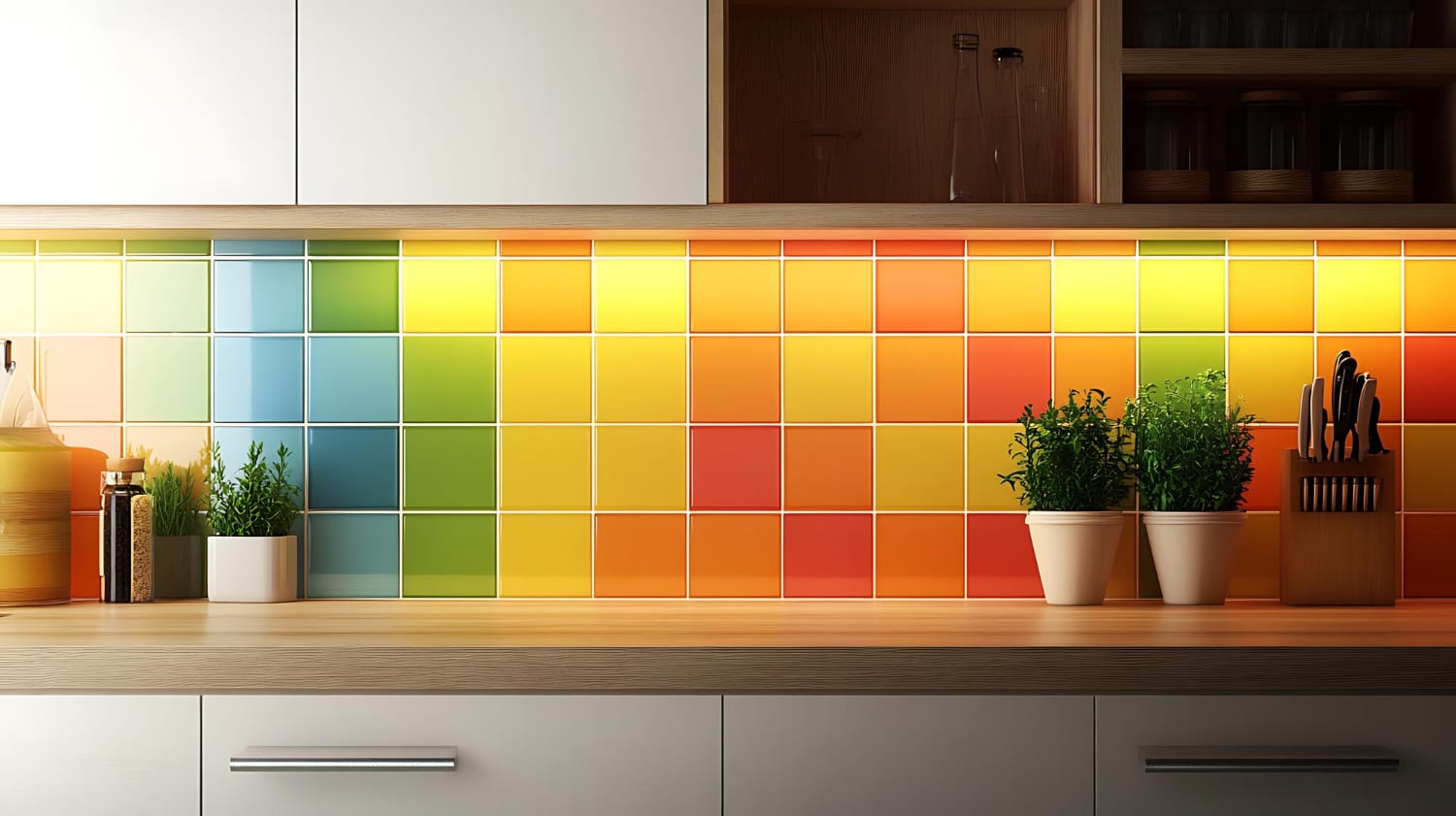 Closeup of a kitchen wooden countertop with a wall with vibrant color grid tiling
