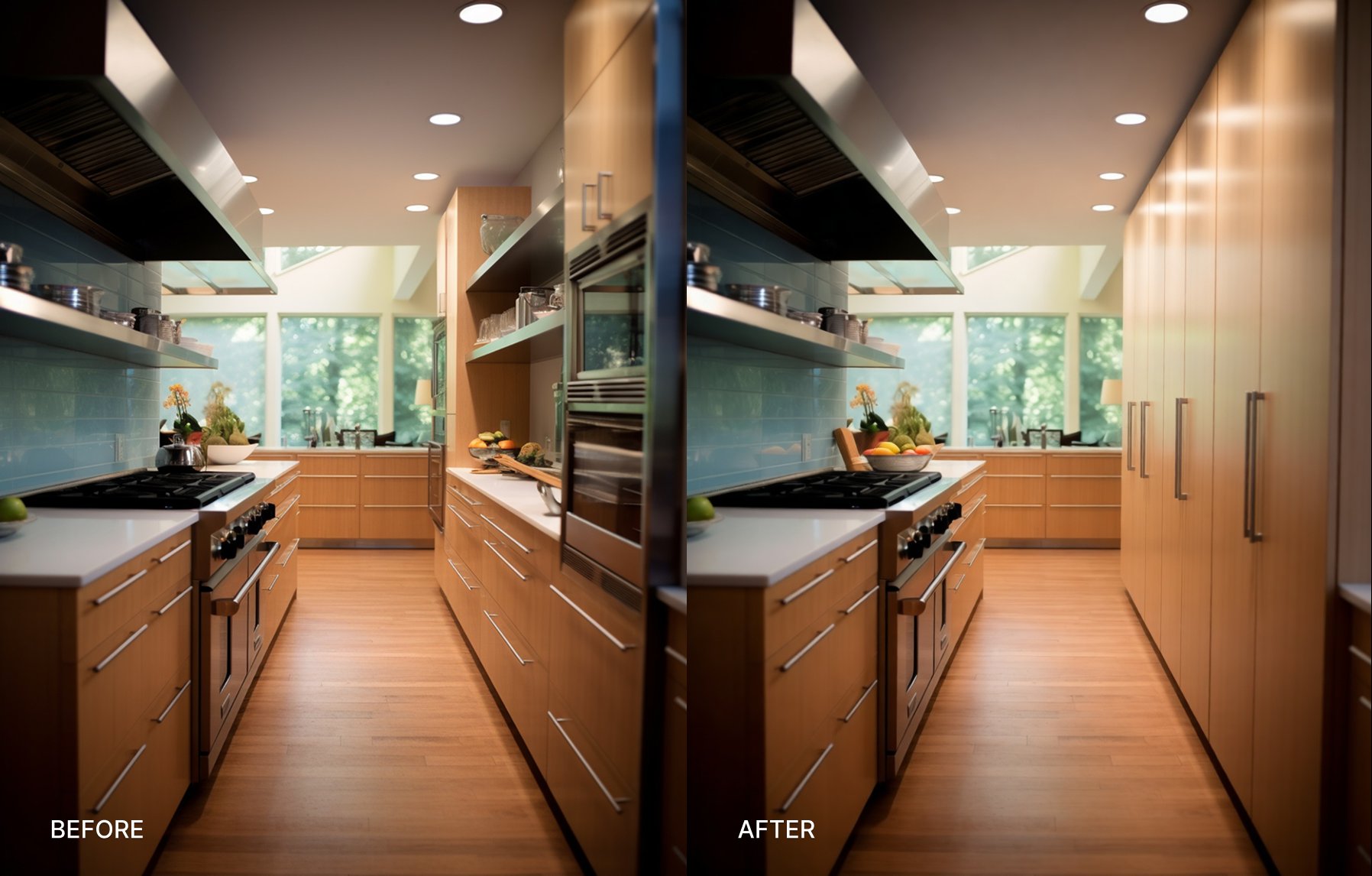Before: A narrow kitchen with open cabinets on the right. After: same kitchen with floor-to-ceiling cabinet with plain finish.
