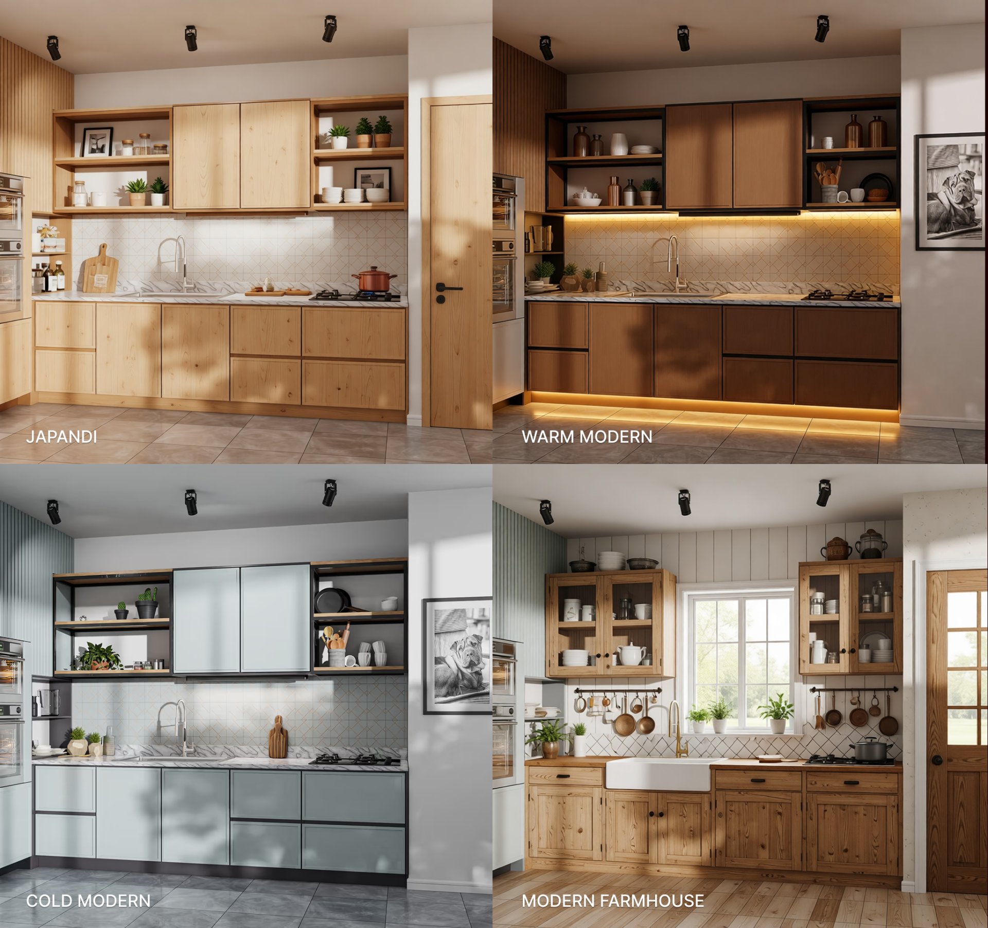Same kitchen in 4 different styles. Top-left: Japandi, Top-right: Warm Modern, Bottom-left: Cold Modern, bottom-right: Modern Farmhouse. AI-generated using DecorAI