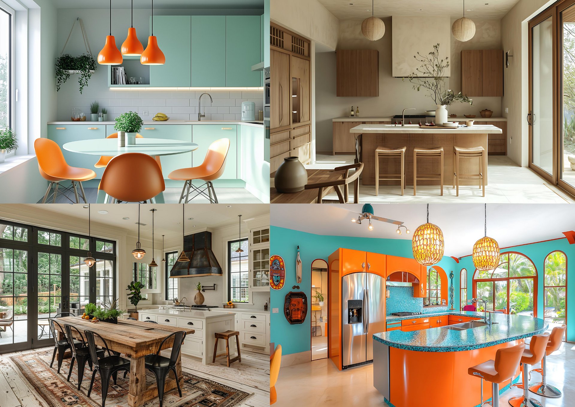 A four-panel grid showcase kitchens with styles- Cold Modern (top left), Japandi (top right), Modern Farmhouse (bottom left), Modern Maximalist (bottom center)
