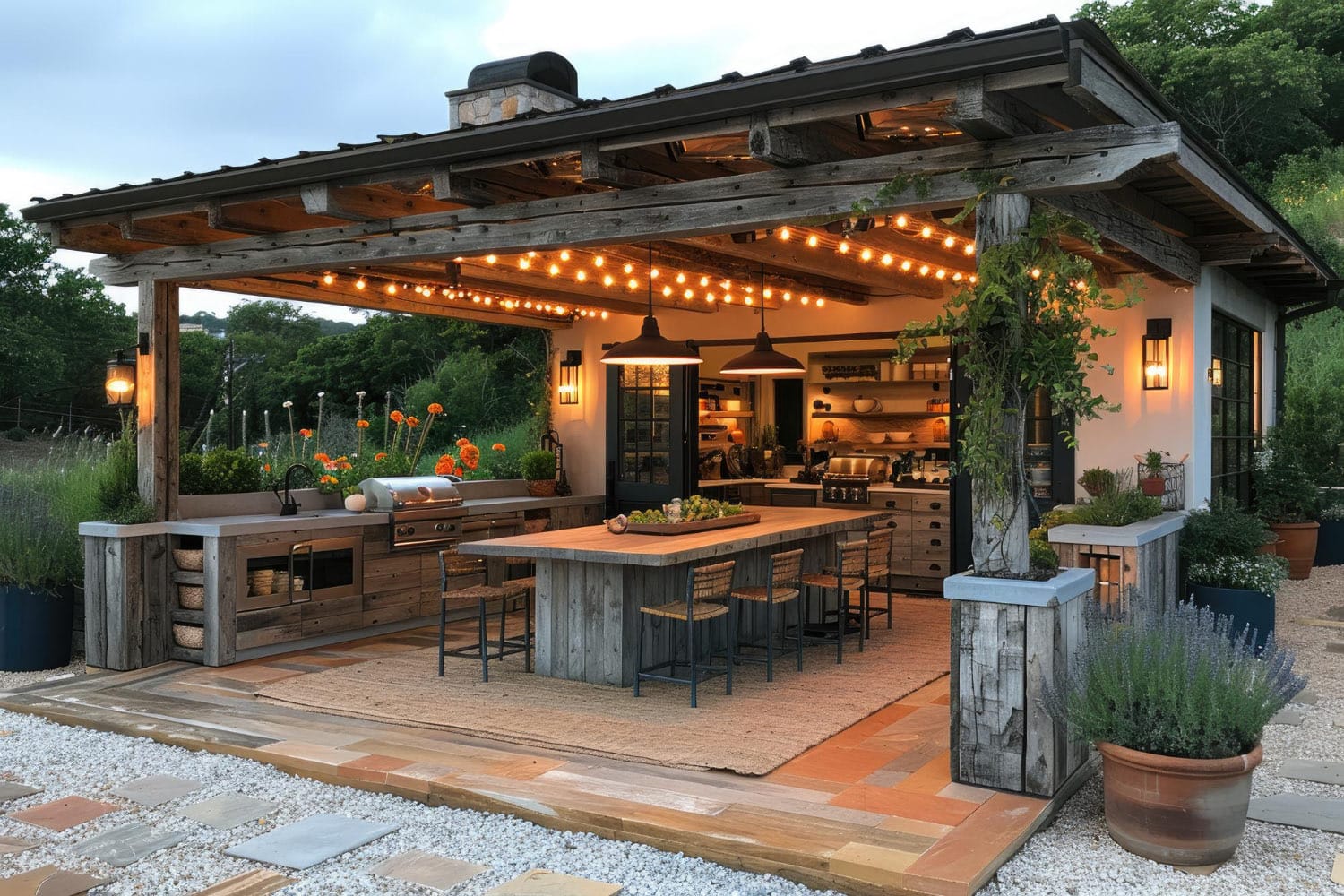 AI-generated: Outdoor kitchen with stainless steel built-in grill, wooden countertops, a pergola with hanging lights, and open shelving