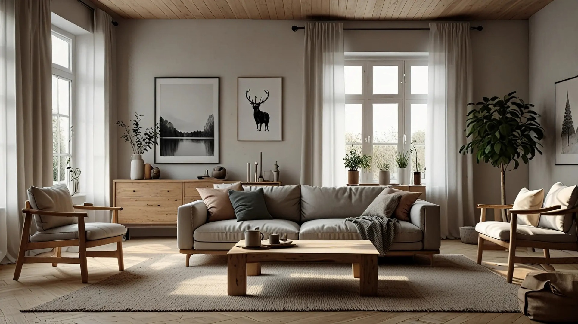 AI-generated Scandinavian living room with grey sofa, light oak furniture, and nature-inspired wall art