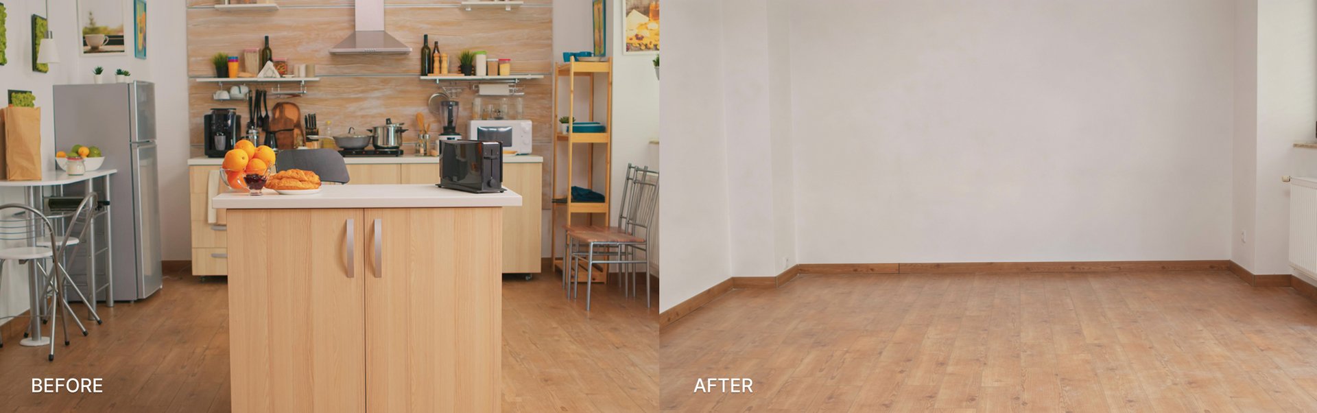 Before: A kitchen with dated cabinets, old appliances, table, chair. AFTER: the same space processed through DecorAI's Empty Room tool, showing a clean, bare room with walls, floor, and all kitchen elements removed. AI-generated with DecorAI.