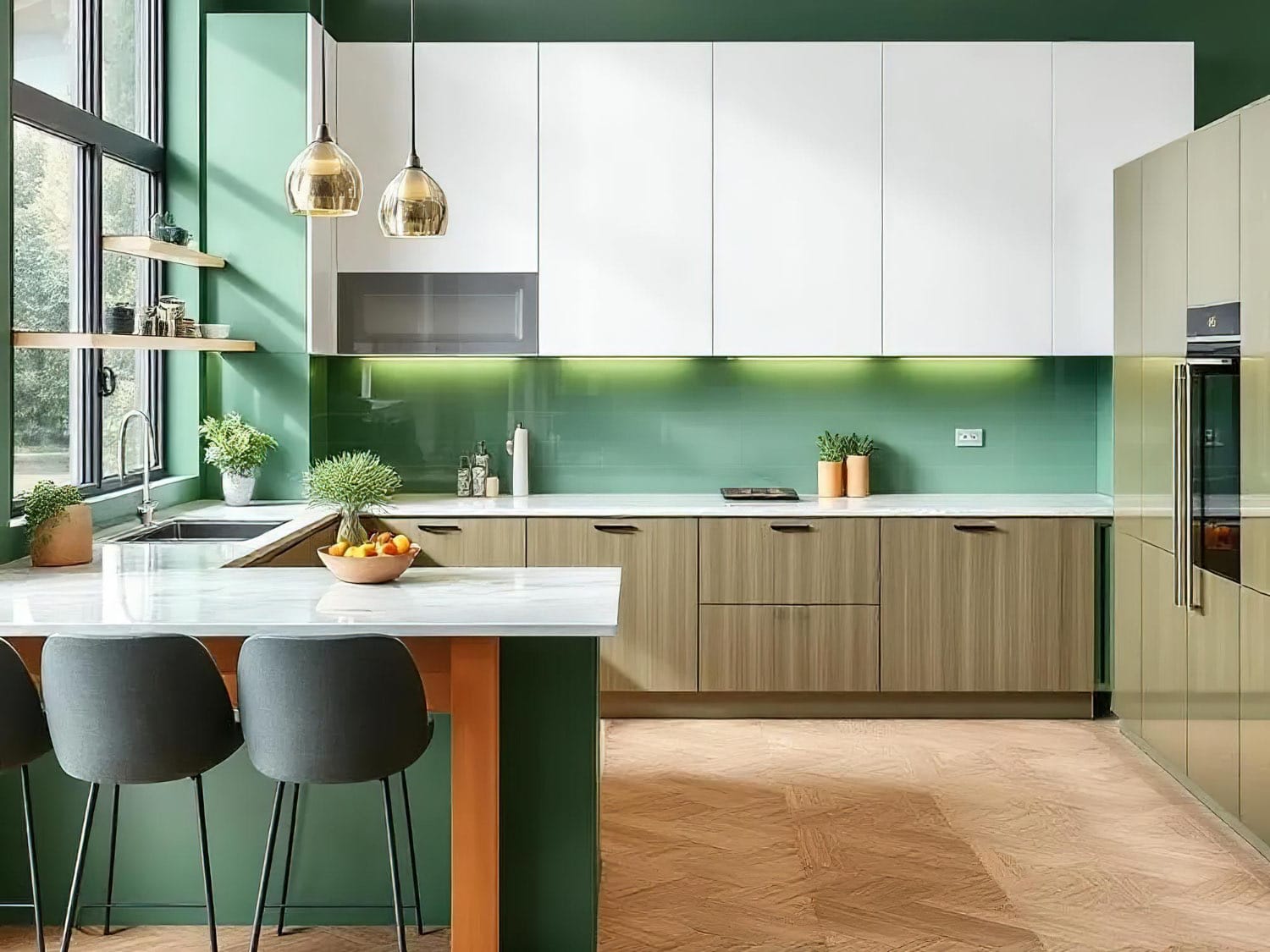 AI generated: Modern kitchen in 2026 style with flat-panel white upper cabinets, quartz countertops, and a two large pendant over the island