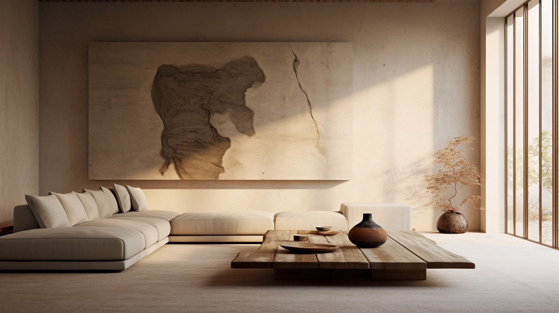 AI-generated Wabi-Sabi living room with cream sectional sofa, raw wood coffee table, and textured wall art