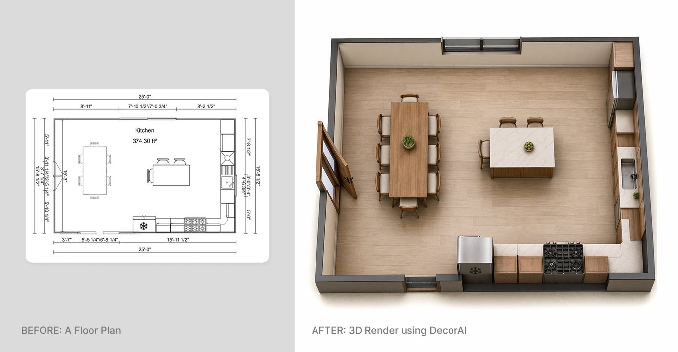 BEFORE: A simple floor plan drawing of a kitchen layout showing dimensions and placement of key elements. AFTER: the same floor plan converted into a photorealistic 3D kitchen visualization by DecorAI's Floor Plan to 3D tool
