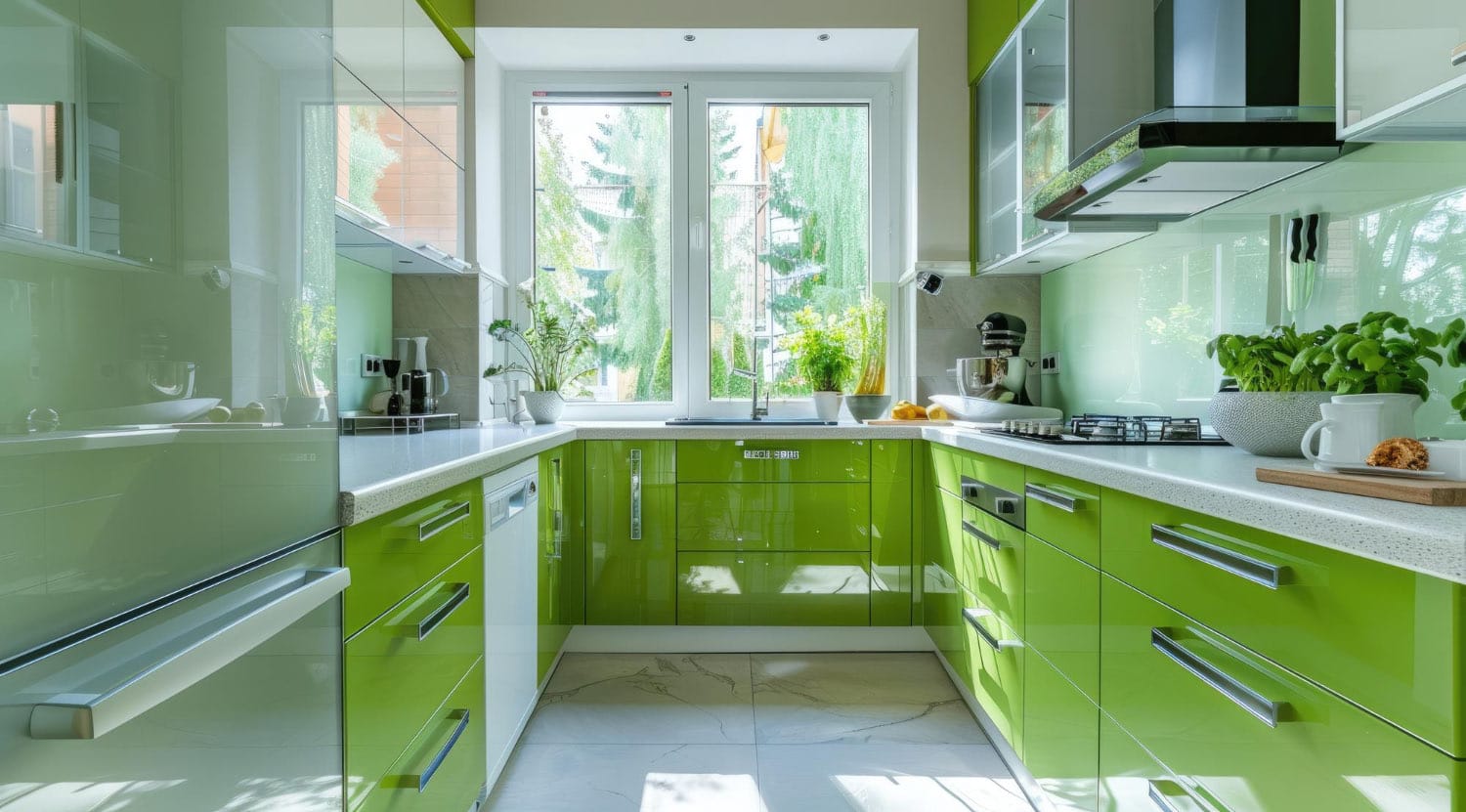 AI-generated: U-shaped modular kitchen with matte sage green cabinets, and a white quartz countertop