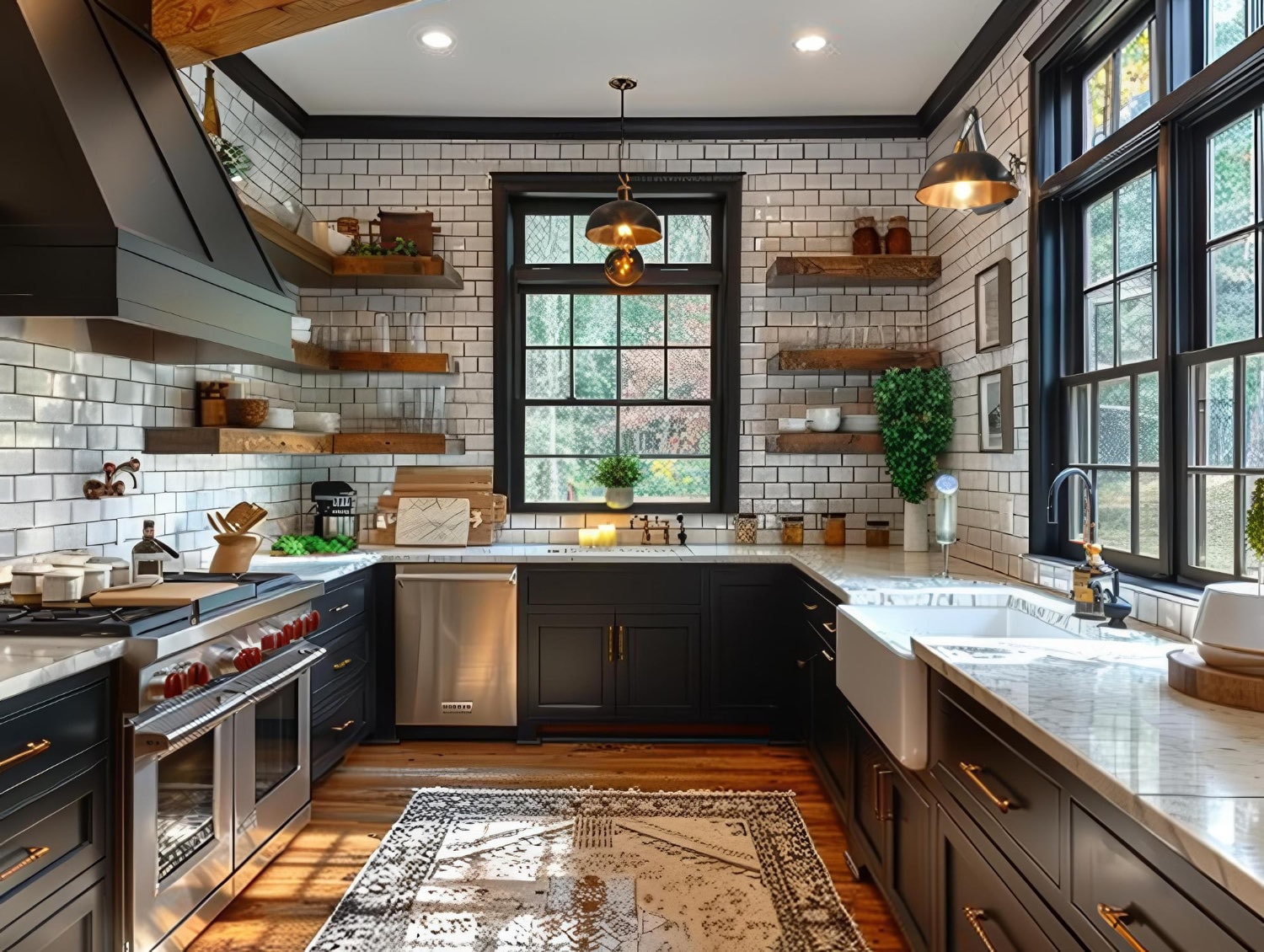AI-generated: a kitchen detail shot showing the layering of timeless materials: a marble countertop, a handmade subway tile backsplash, and oak flooring visible in the foreground