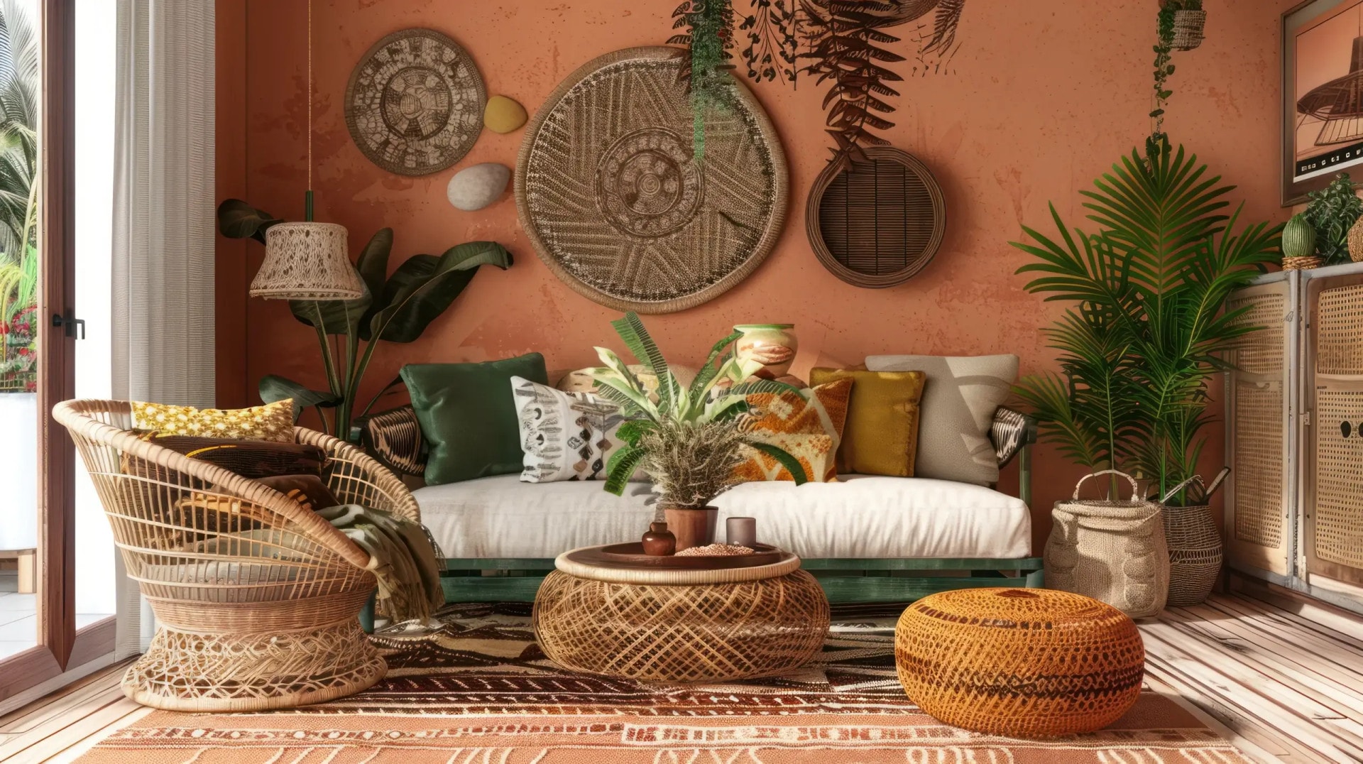 AI-generated Bohemian living room with rattan furniture, terracotta walls, woven wall decor, and tropical plants